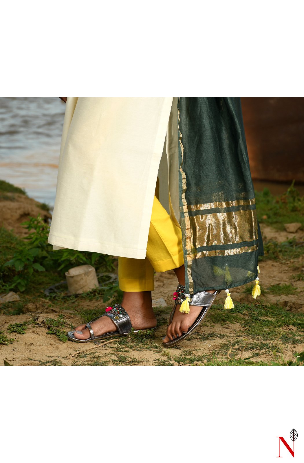 Cream Pure Silk Chanderi Hand Embroidered Suit Set - Naksheband
