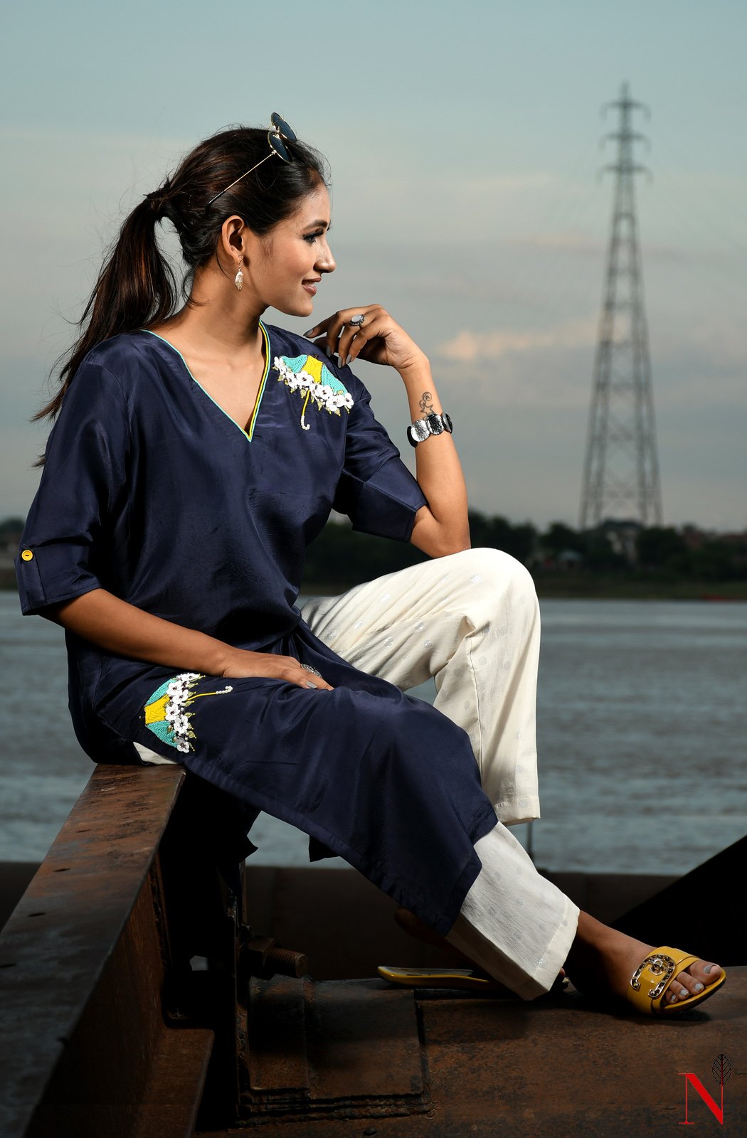 Navy Blue Uppada Silk Hand Embroidered Suit Set - Naksheband