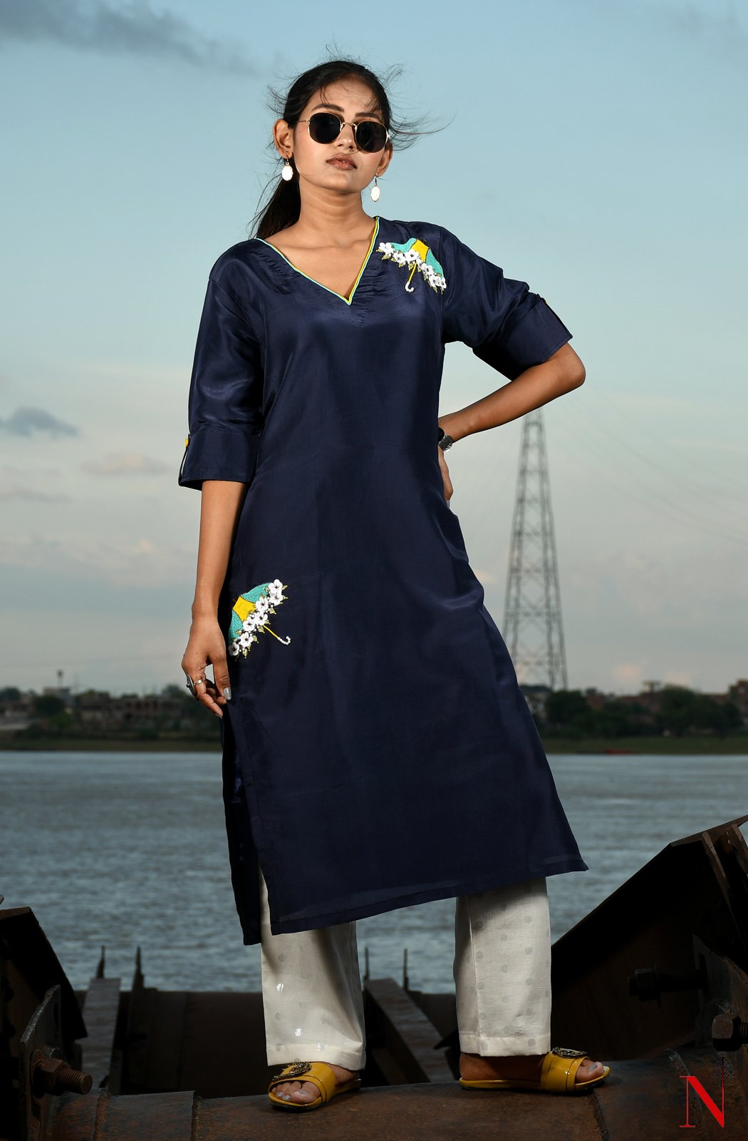 Navy Blue Uppada Silk Hand Embroidered Suit Set - Naksheband