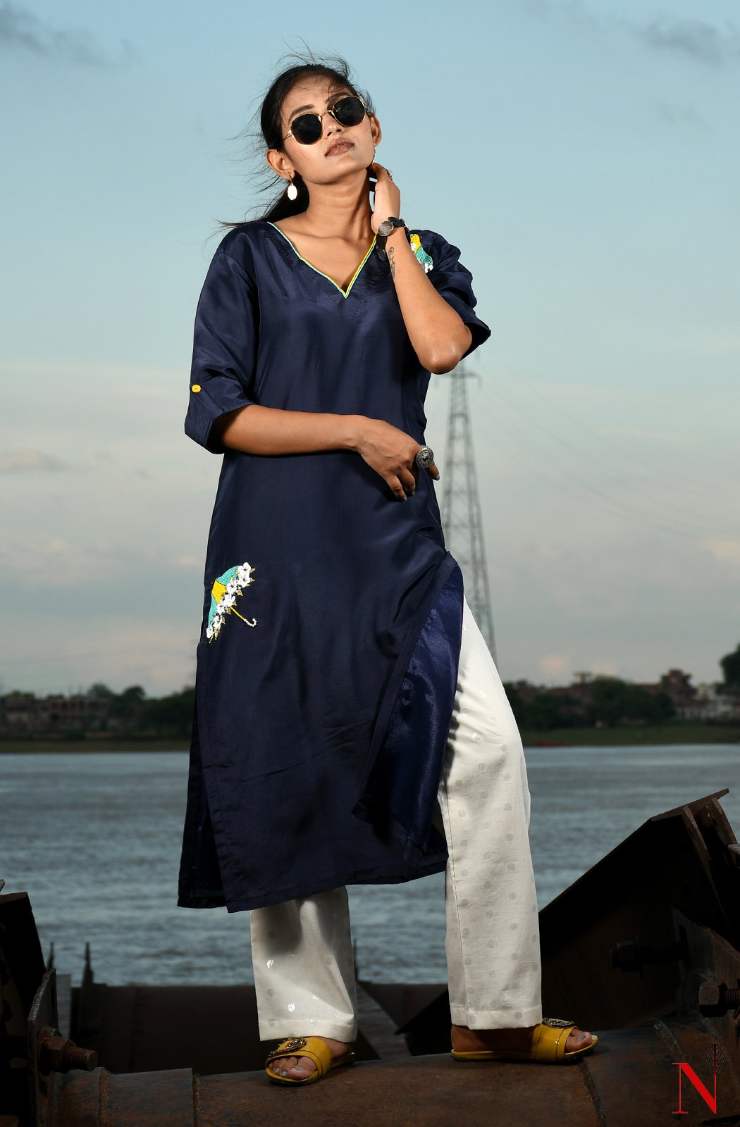 Navy Blue Uppada Silk Hand Embroidered Suit Set - Naksheband