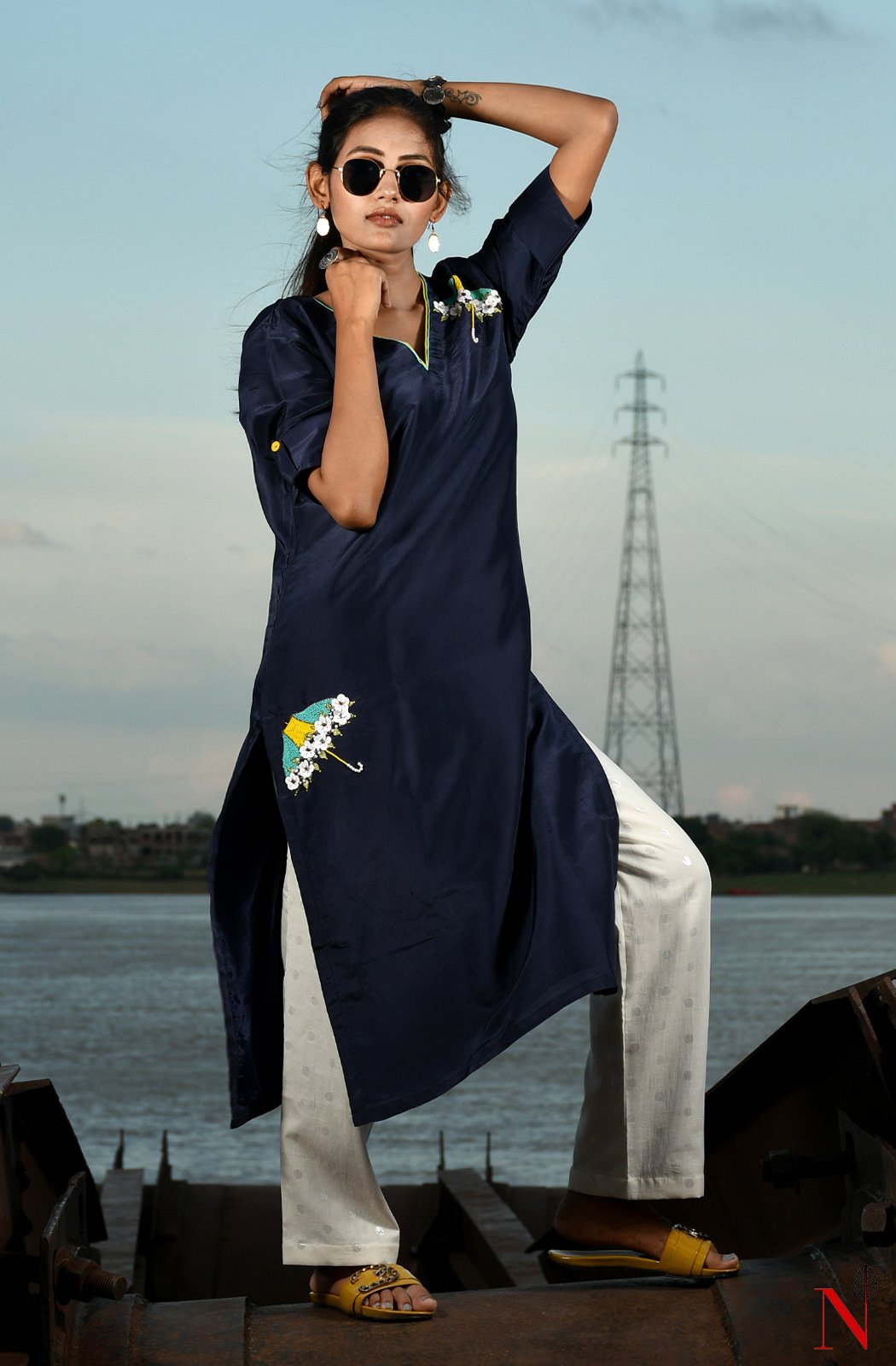 Navy Blue Uppada Silk Hand Embroidered Suit Set - Naksheband