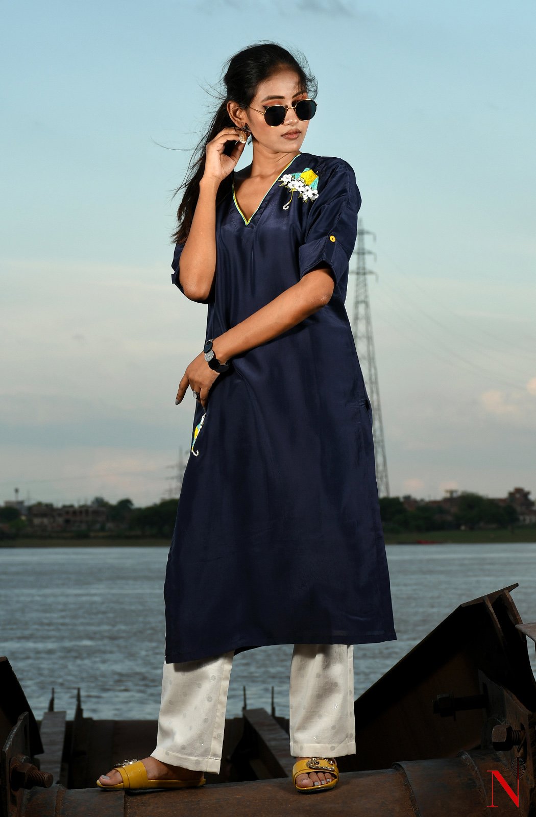 Navy Blue Uppada Silk Hand Embroidered Suit Set - Naksheband