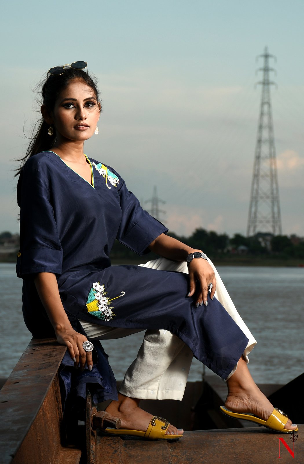 Navy Blue Uppada Silk Hand Embroidered Suit Set - Naksheband