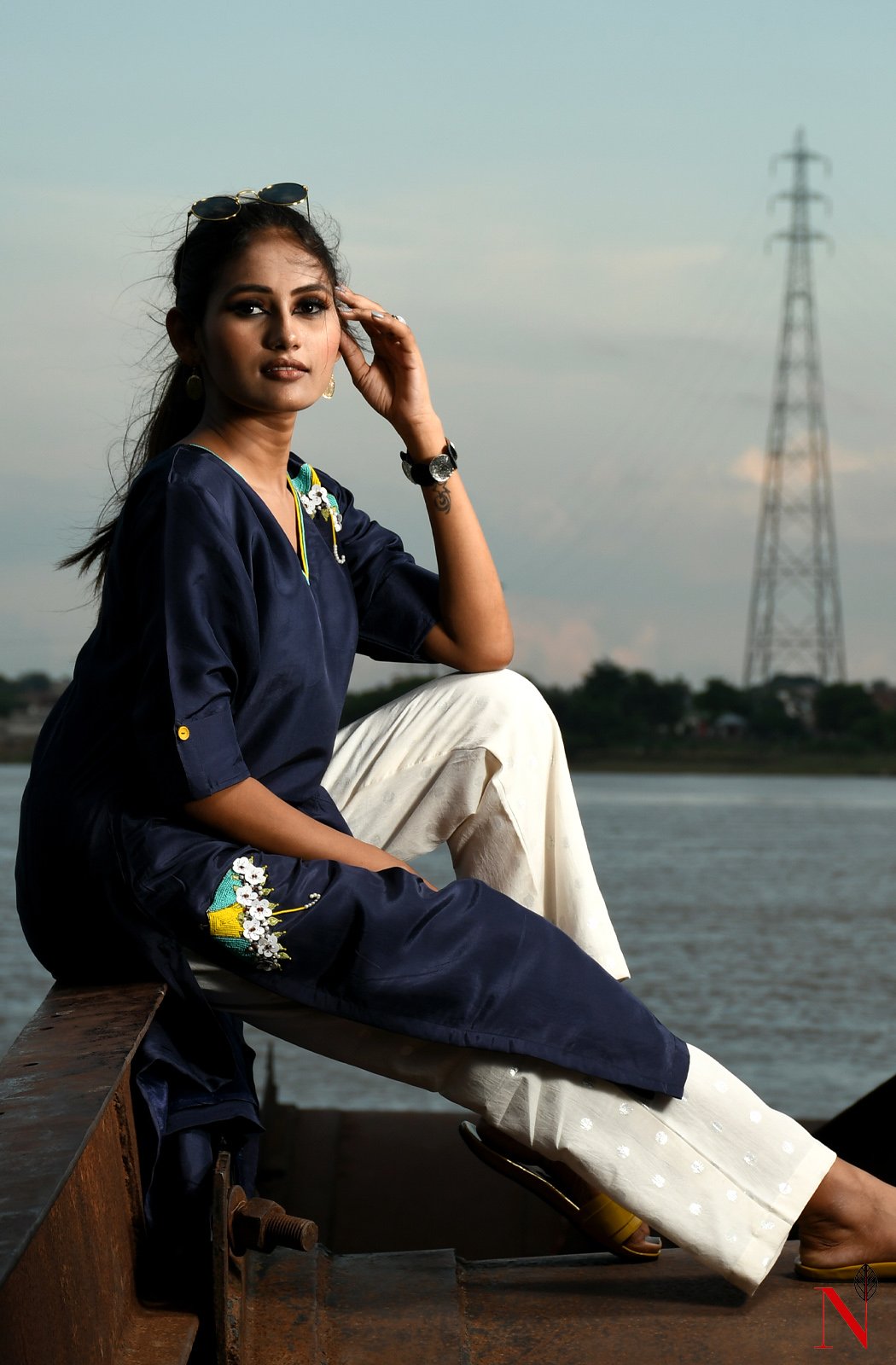 Navy Blue Uppada Silk Hand Embroidered Suit Set - Naksheband
