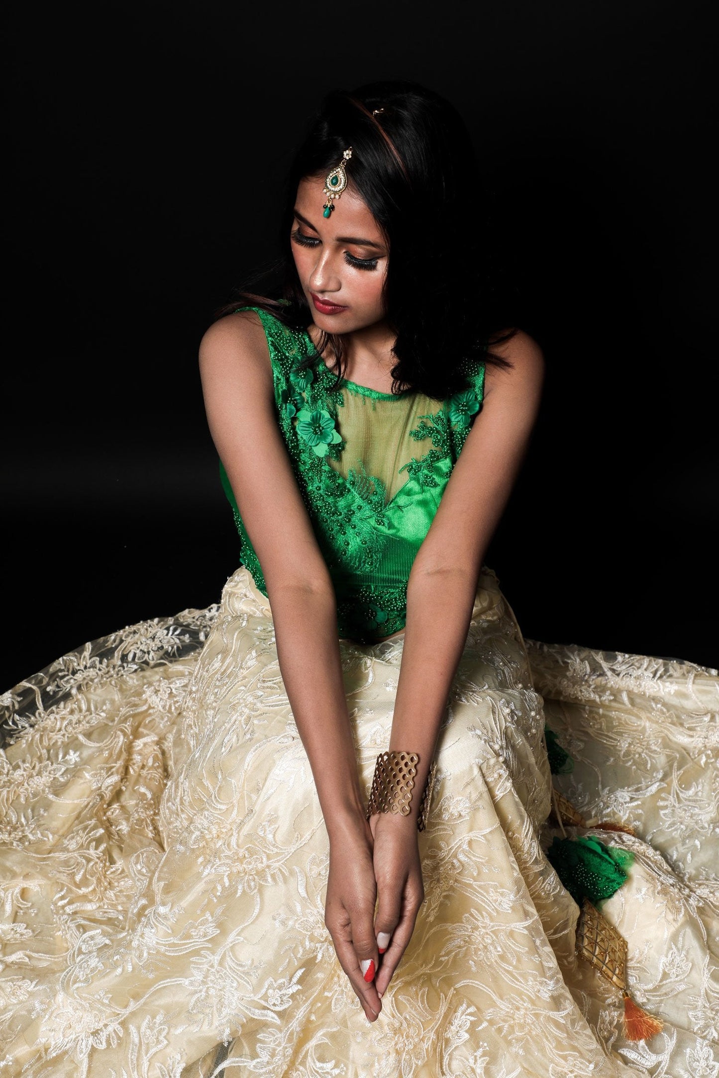 Forest Green And Cream Color Indowestern Designer Skirt Set - Radiant - Naksheband