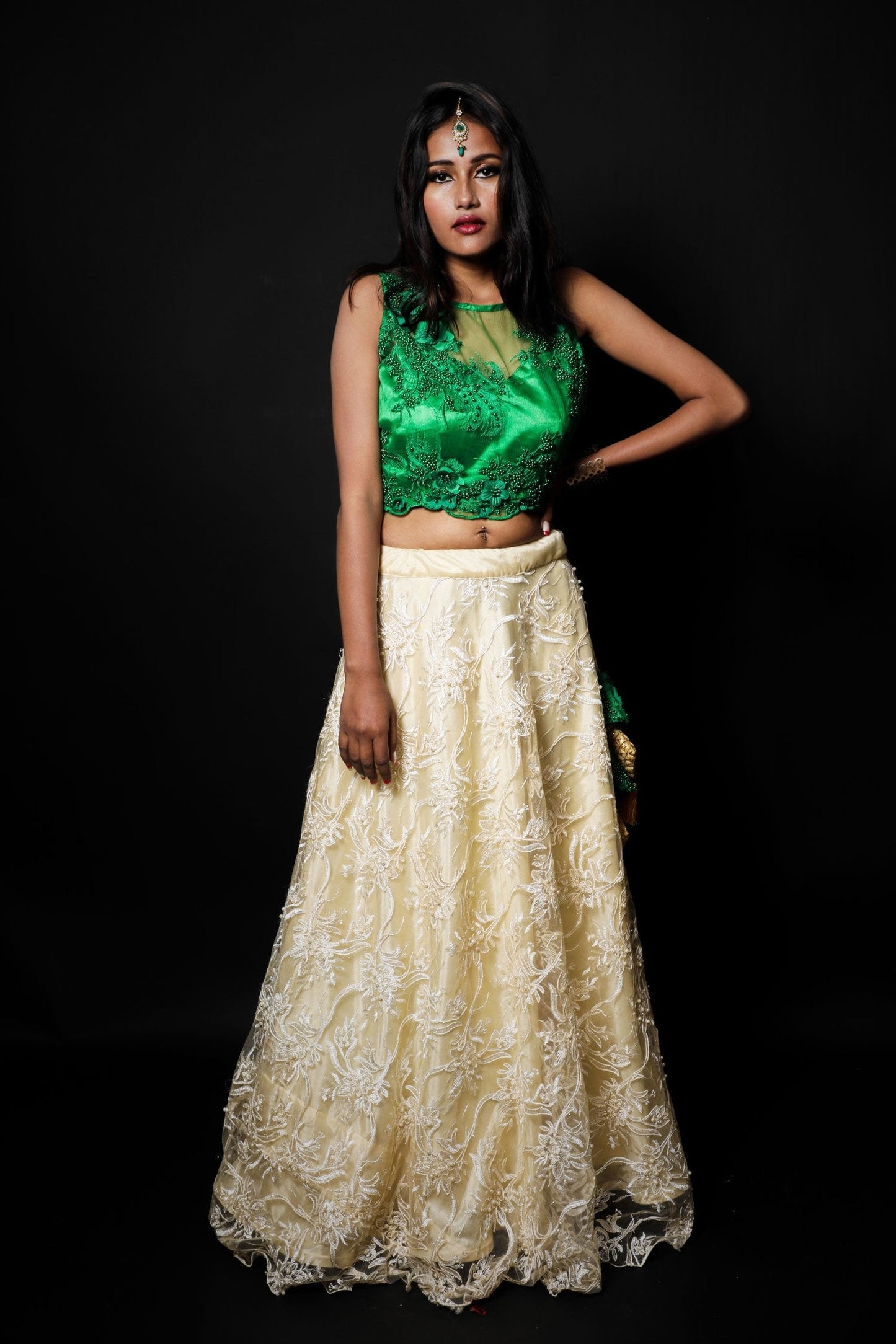 Forest Green And Cream Color Indowestern Designer Skirt Set - Radiant - Naksheband