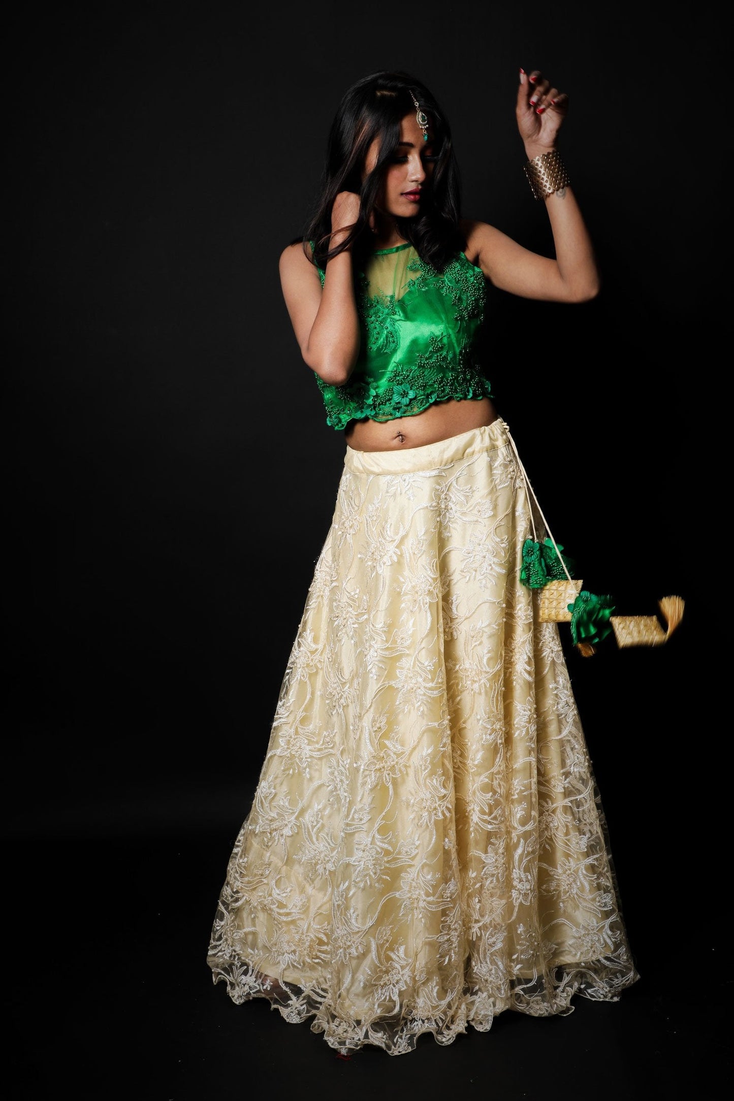 Forest Green And Cream Color Indowestern Designer Skirt Set - Radiant - Naksheband