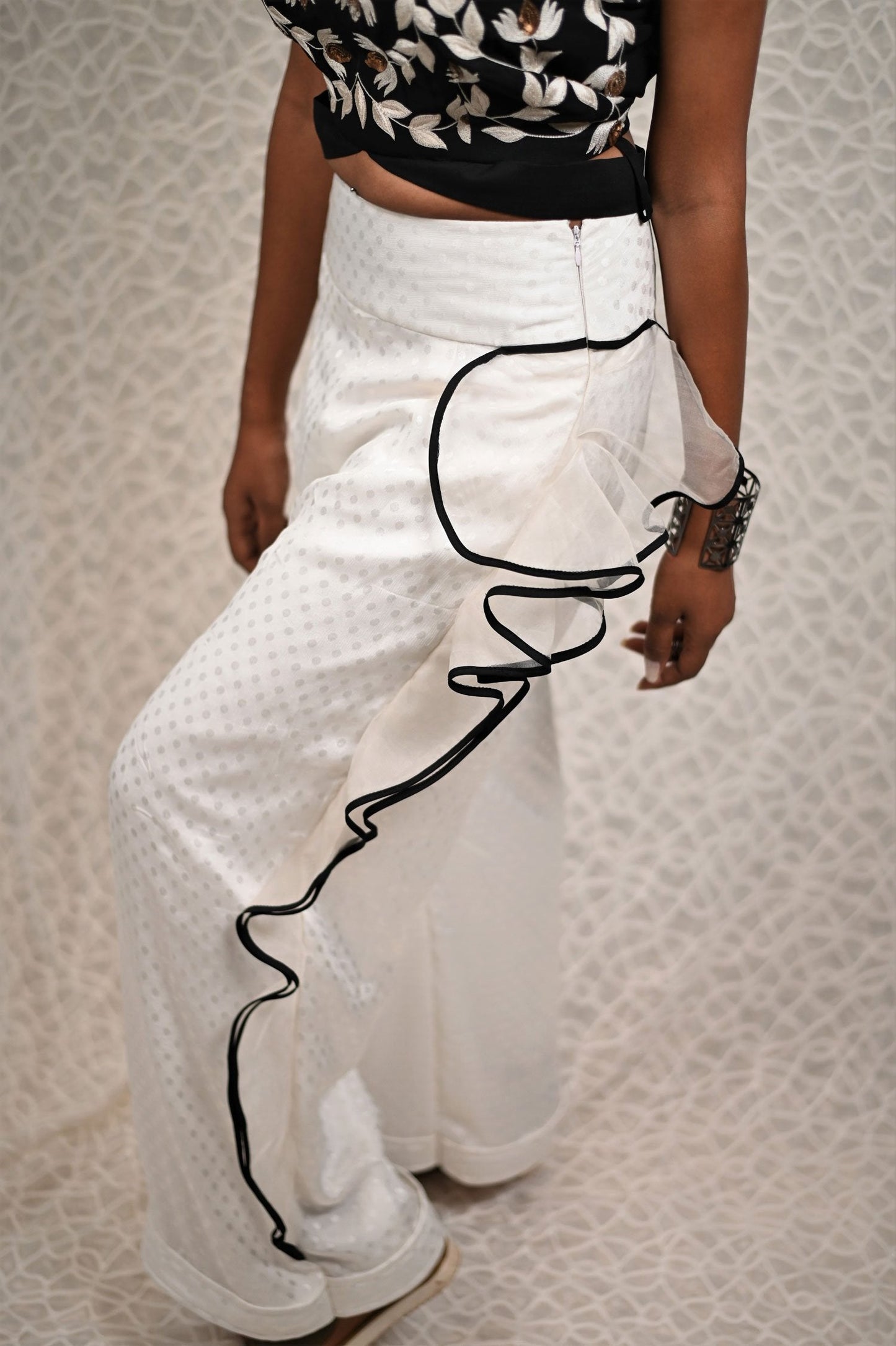 Black And White Color Indowestern Designer High Waist Plazzo Top Set - Snow White - Naksheband