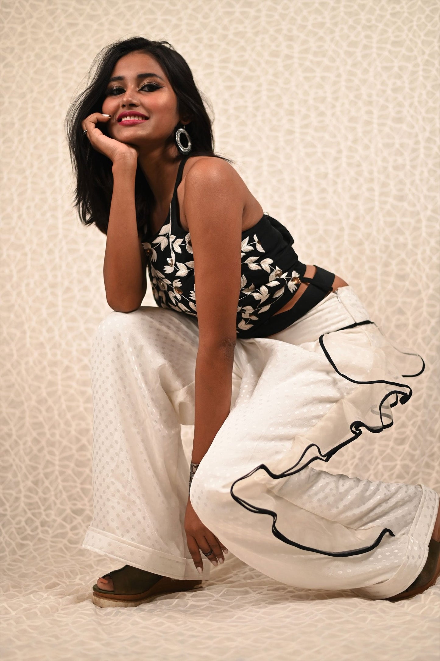 Black And White Color Indowestern Designer High Waist Plazzo Top Set - Snow White - Naksheband