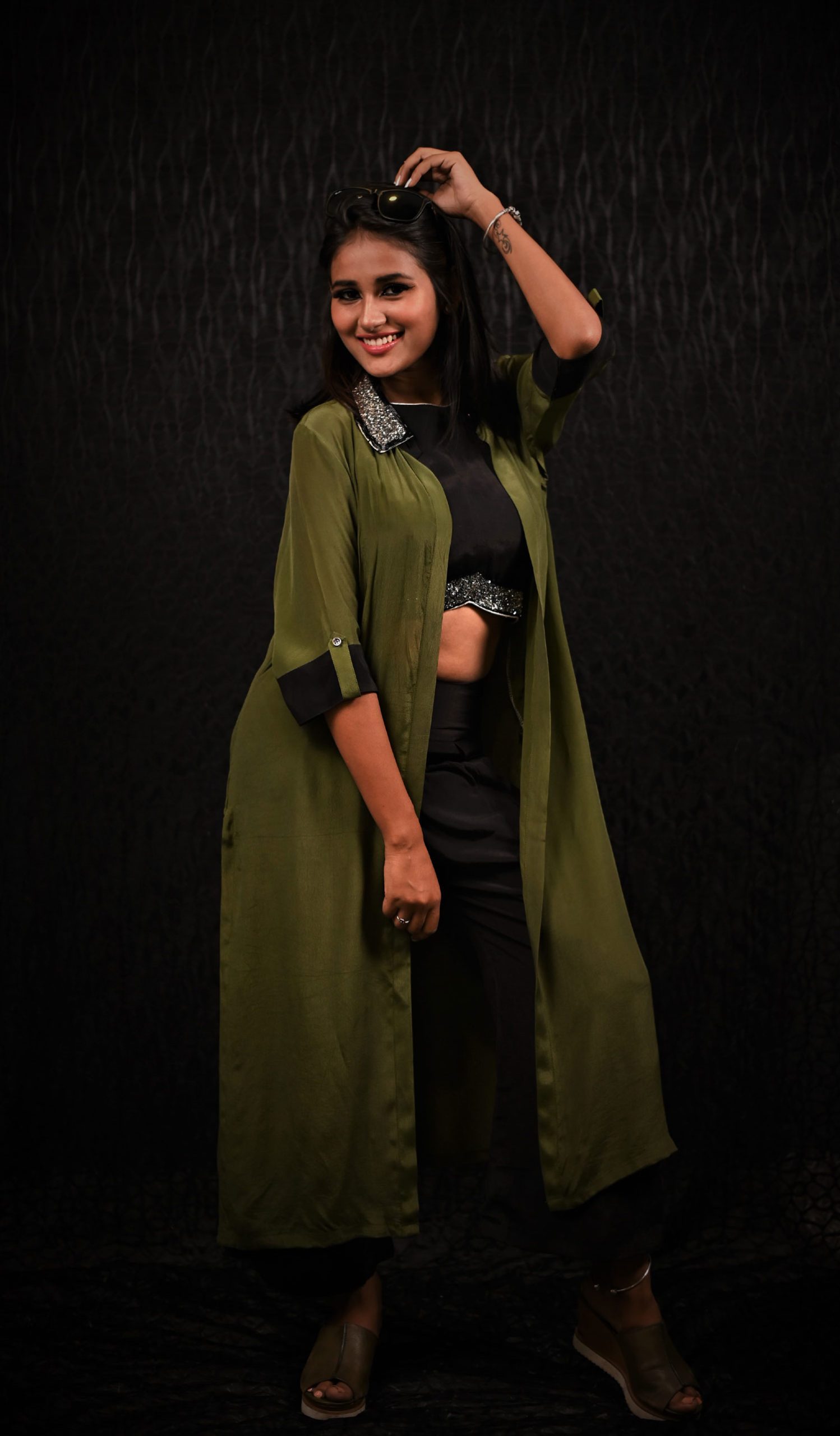Olive Green And Black Color Indowestern Designer Three Piece - Olive Pearl - Naksheband
