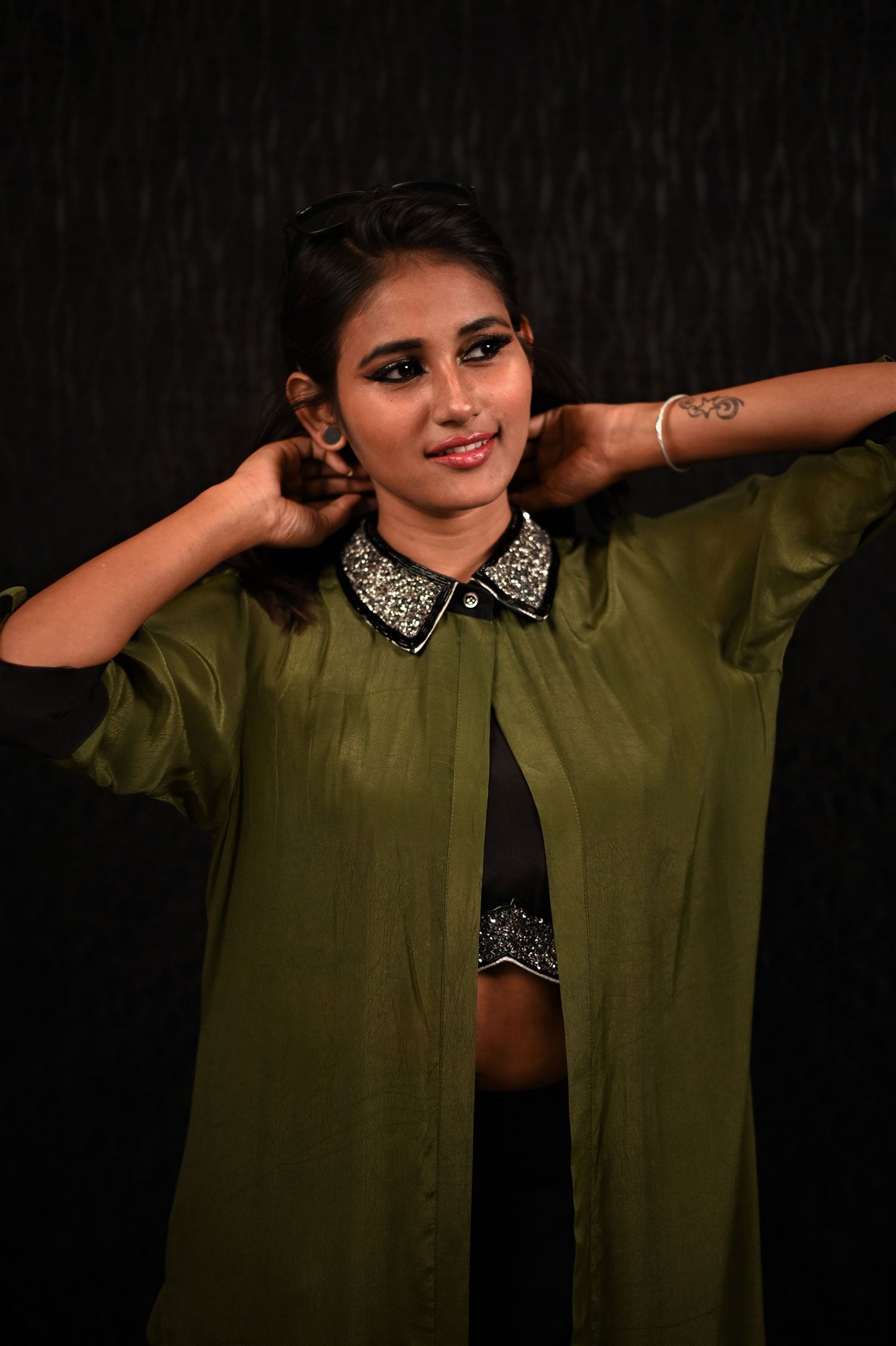Olive Green And Black Color Indowestern Designer Three Piece - Olive Pearl - Naksheband