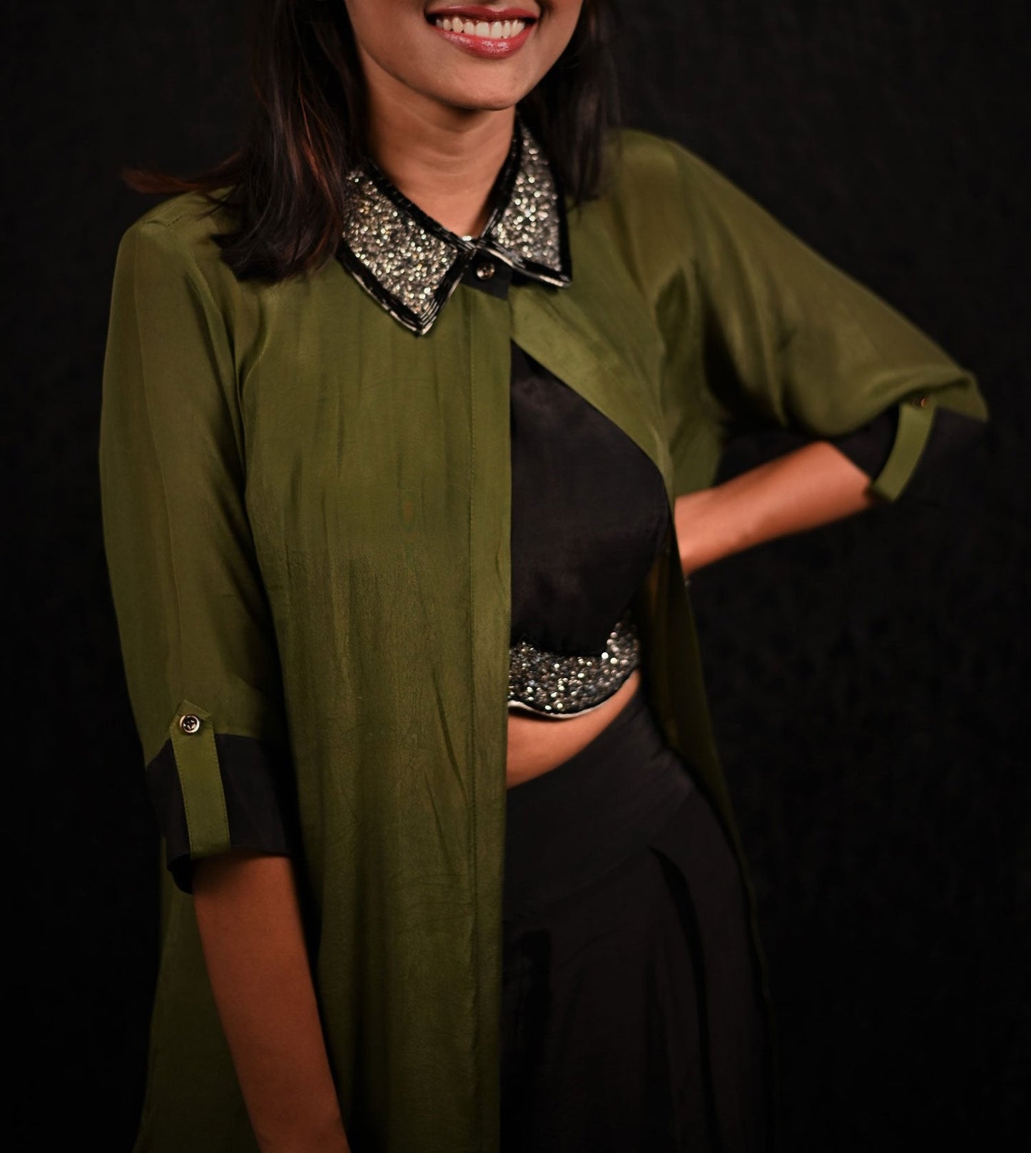 Indowestern Designer Three Piece - Olive Pearl - Naksheband