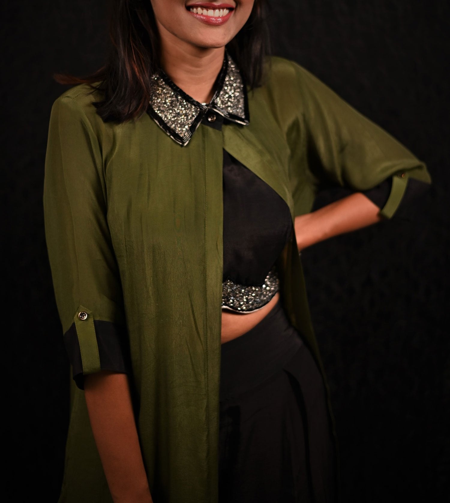 Olive Green And Black Color Indowestern Designer Three Piece - Olive Pearl - Naksheband