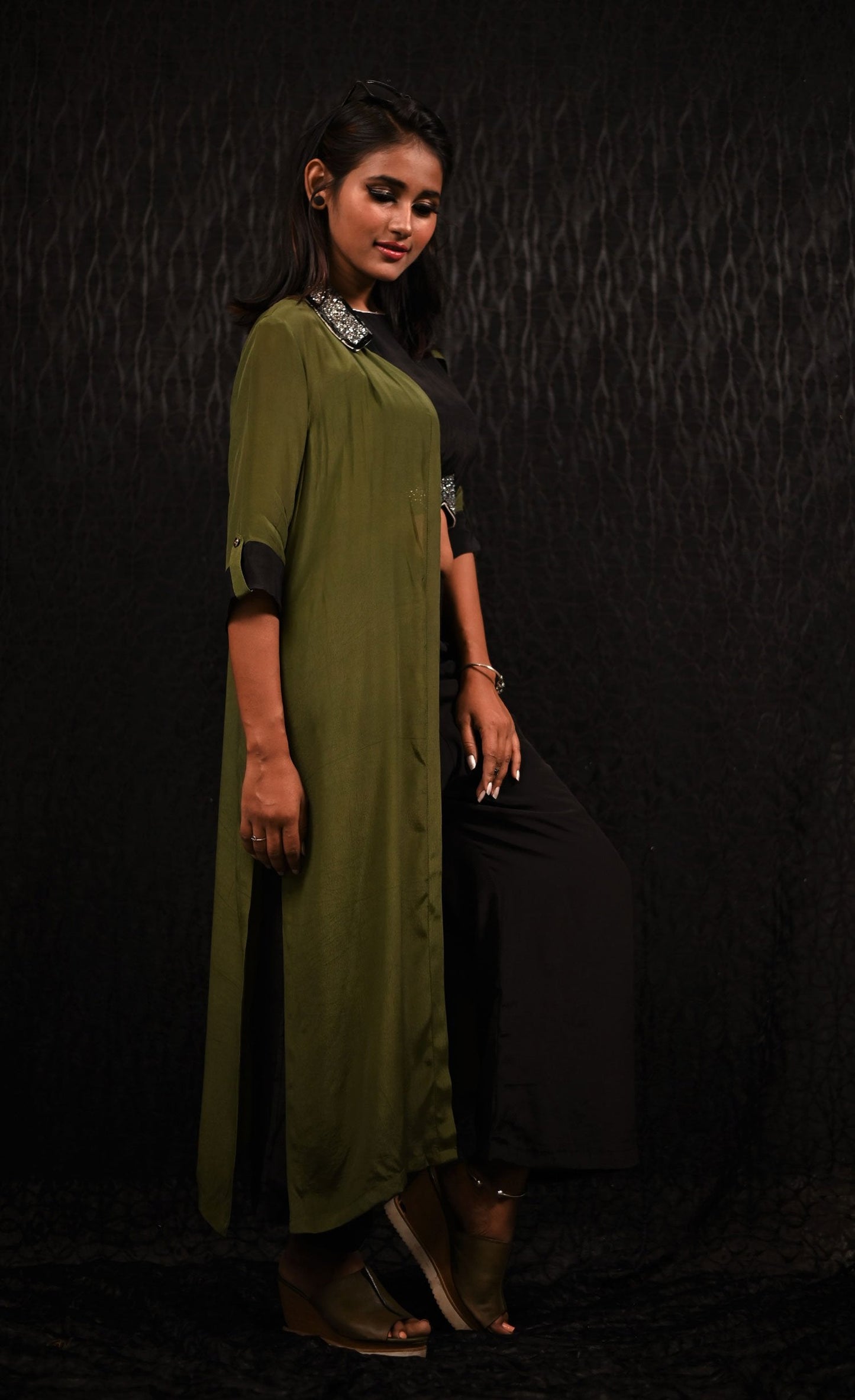 Indowestern Designer Three Piece - Olive Pearl - Naksheband