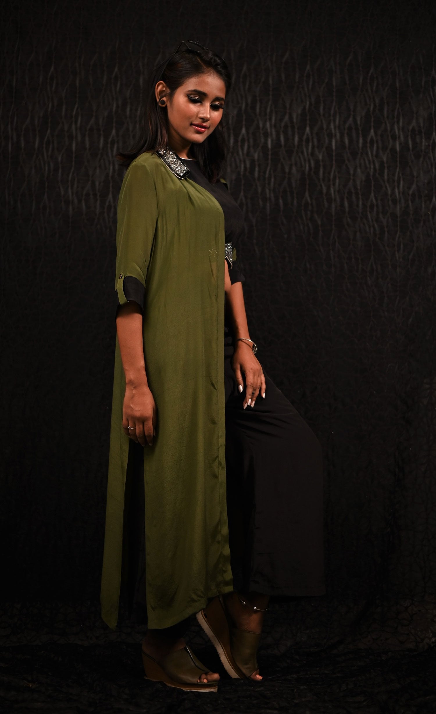 Olive Green And Black Color Indowestern Designer Three Piece - Olive Pearl - Naksheband