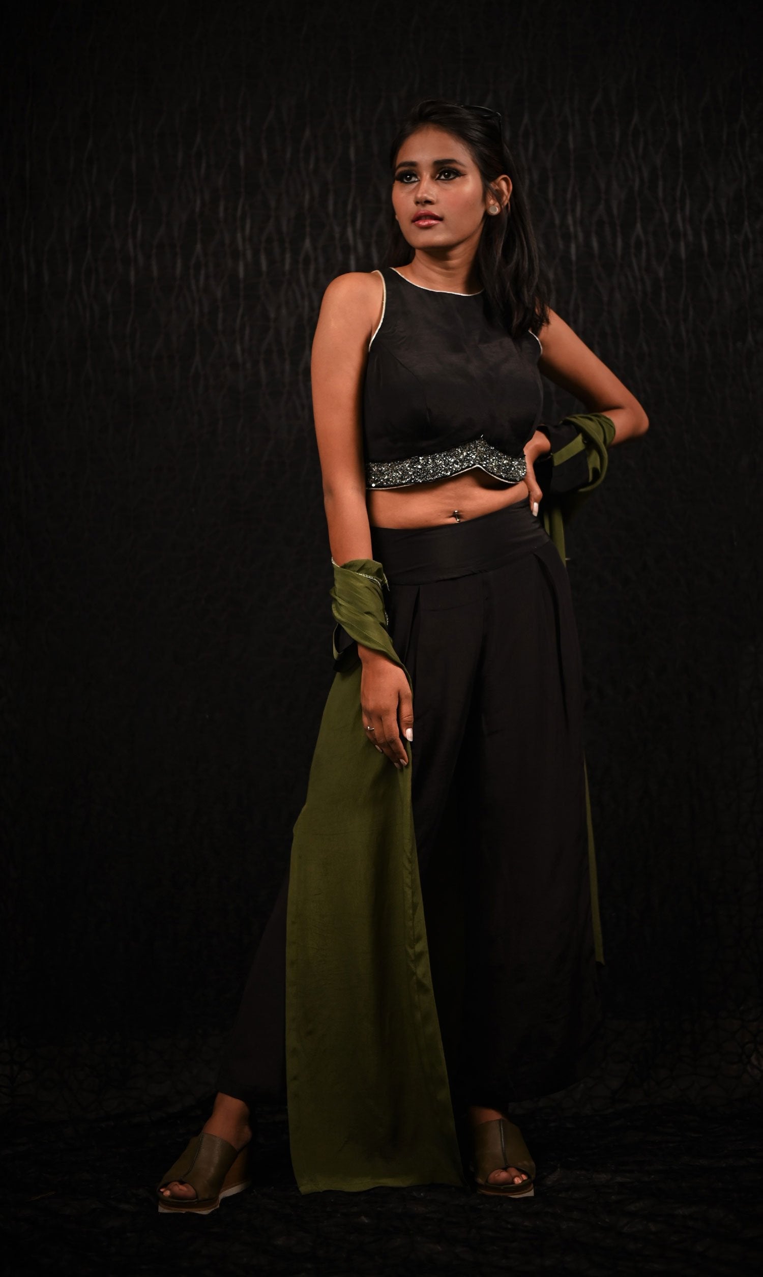 Olive Green And Black Color Indowestern Designer Three Piece - Olive Pearl - Naksheband
