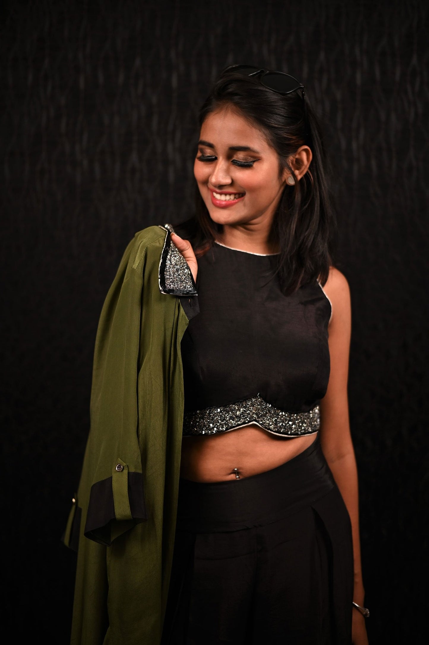 Indowestern Designer Three Piece - Olive Pearl - Naksheband