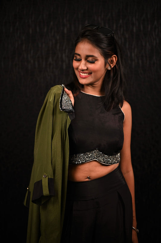 Olive Green And Black Color Indowestern Designer Three Piece - Olive Pearl - Naksheband