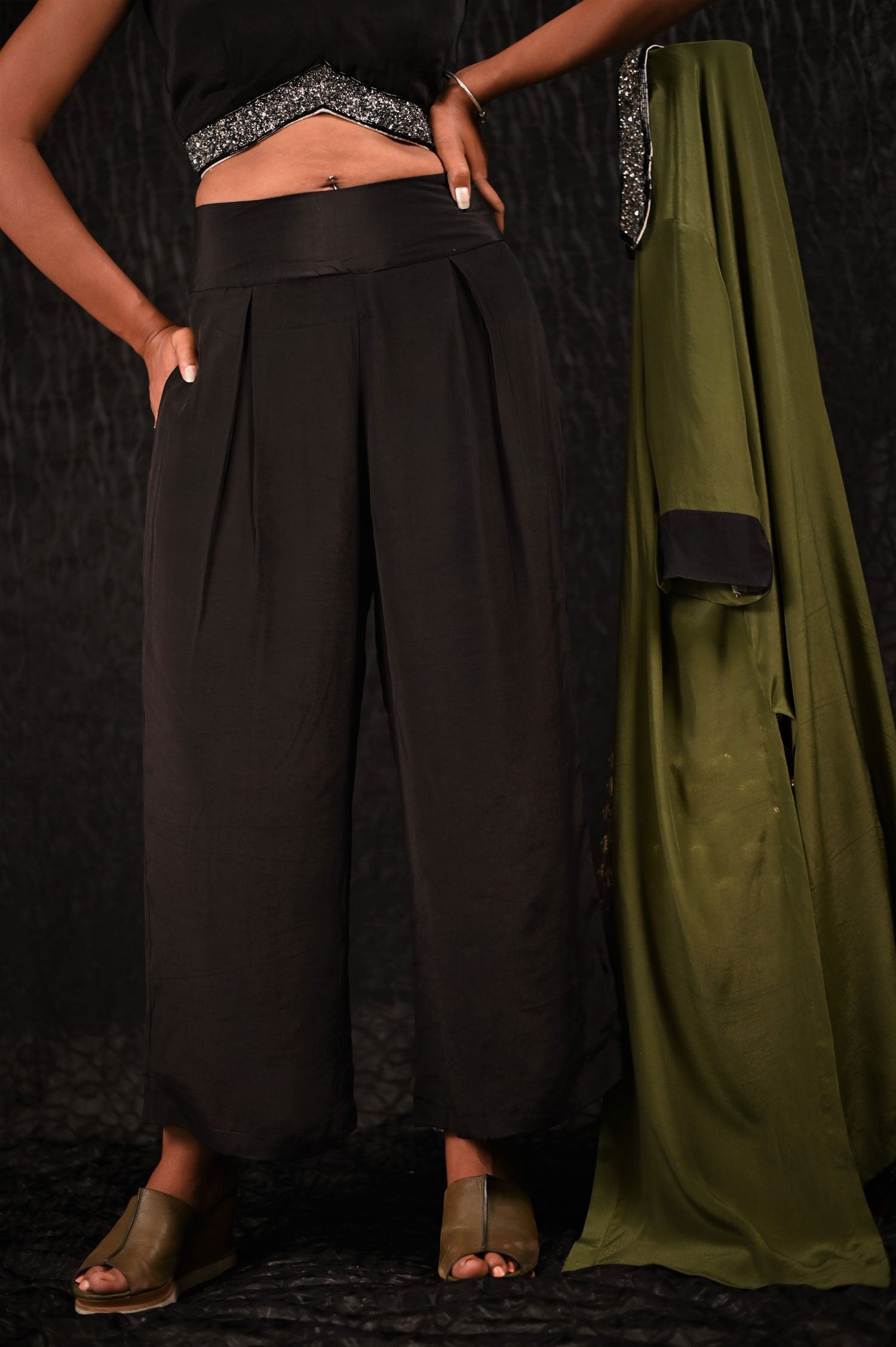 Olive Green And Black Color Indowestern Designer Three Piece - Olive Pearl - Naksheband
