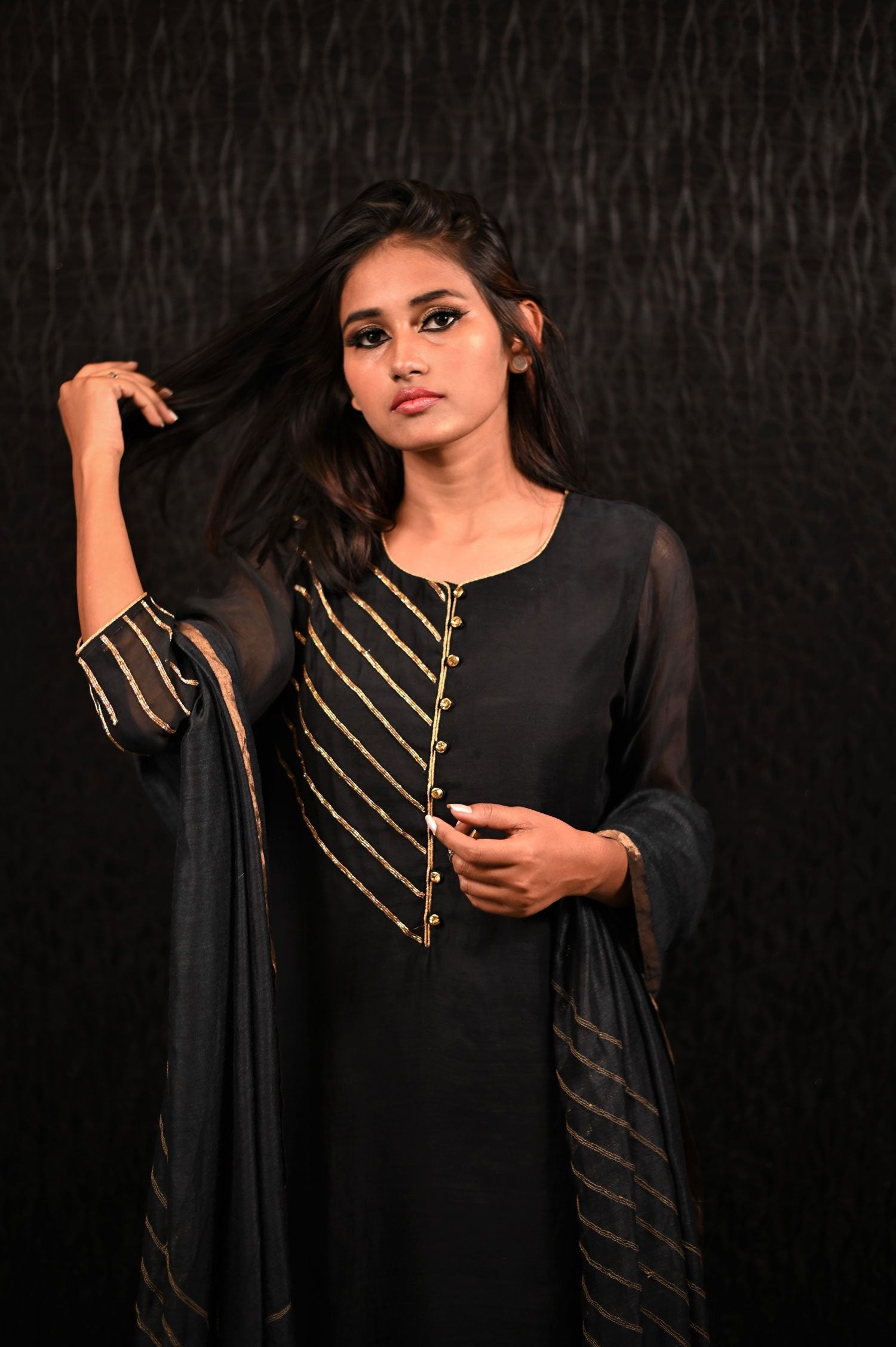 Black Color Pure Chanderi Silk Suit Set Embroidery - Sand Castle - Naksheband