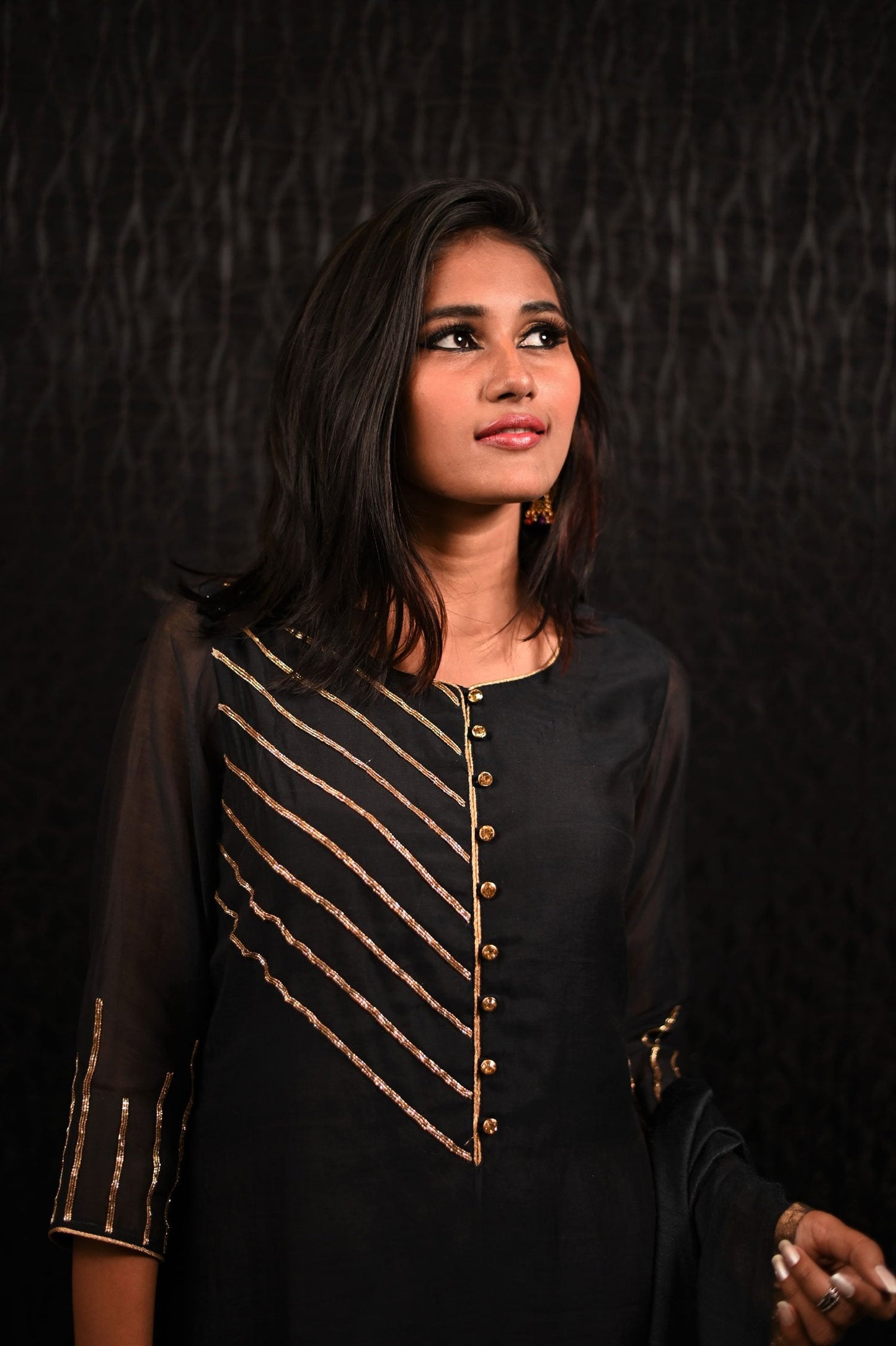 Black Color Pure Chanderi Silk Suit Set Embroidery - Sand Castle - Naksheband