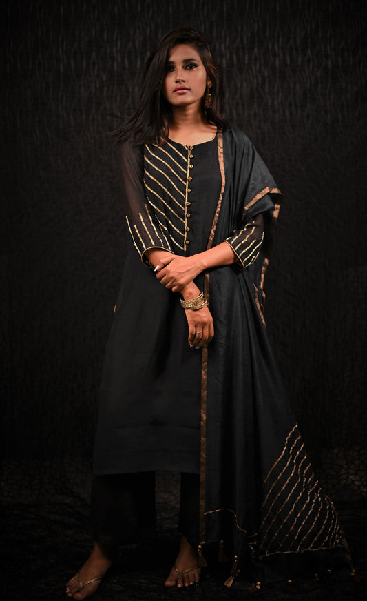 Black Color Pure Chanderi Silk Suit Set Embroidery - Sand Castle - Naksheband