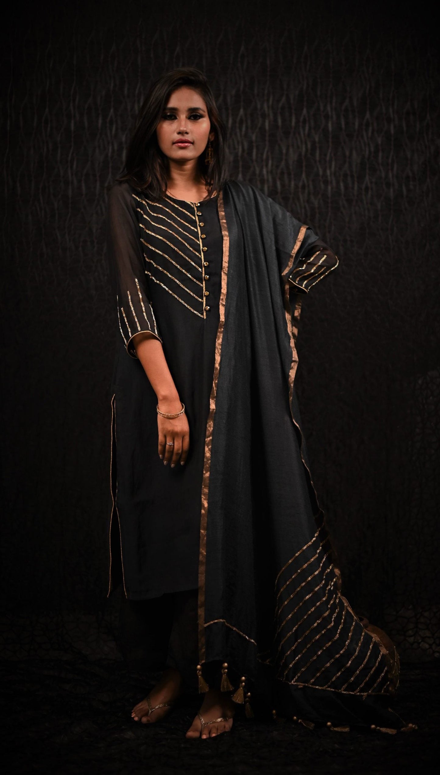 Black Color Pure Chanderi Silk Suit Set Embroidery - Sand Castle - Naksheband