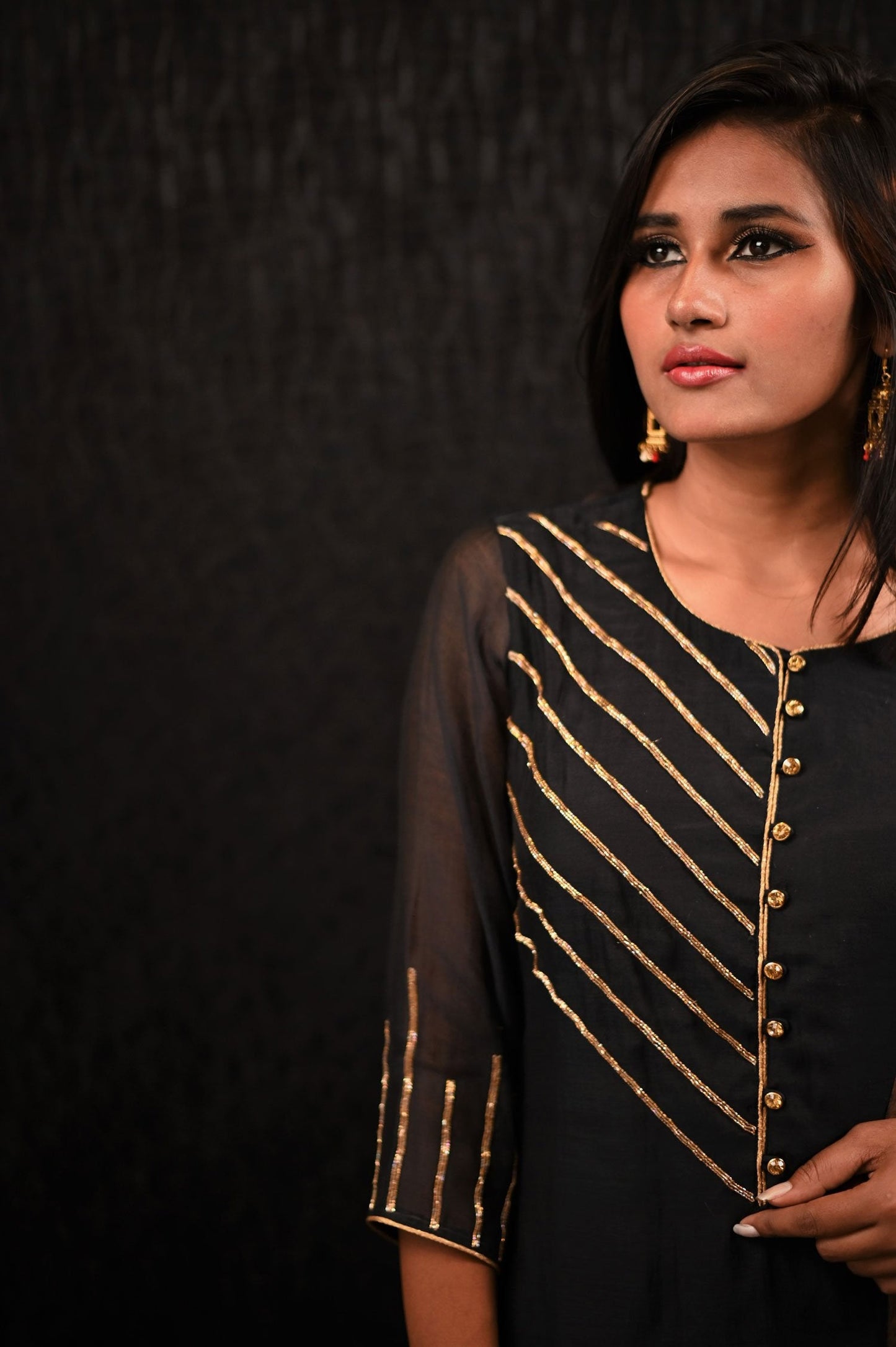Black Color Pure Chanderi Silk Suit Set Embroidery - Sand Castle - Naksheband