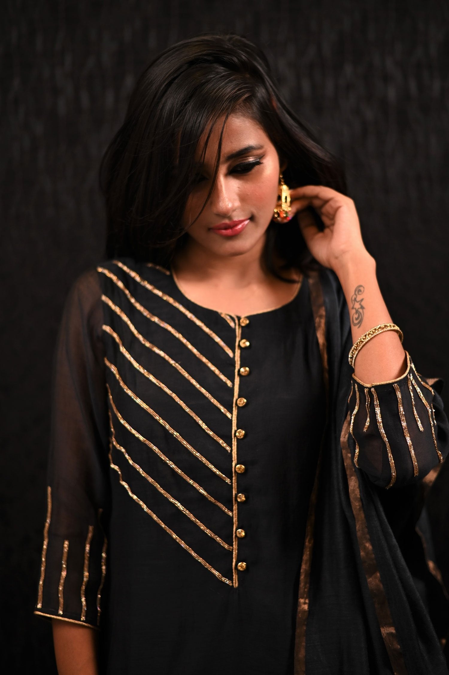 Black Color Pure Chanderi Silk Suit Set Embroidery - Sand Castle - Naksheband