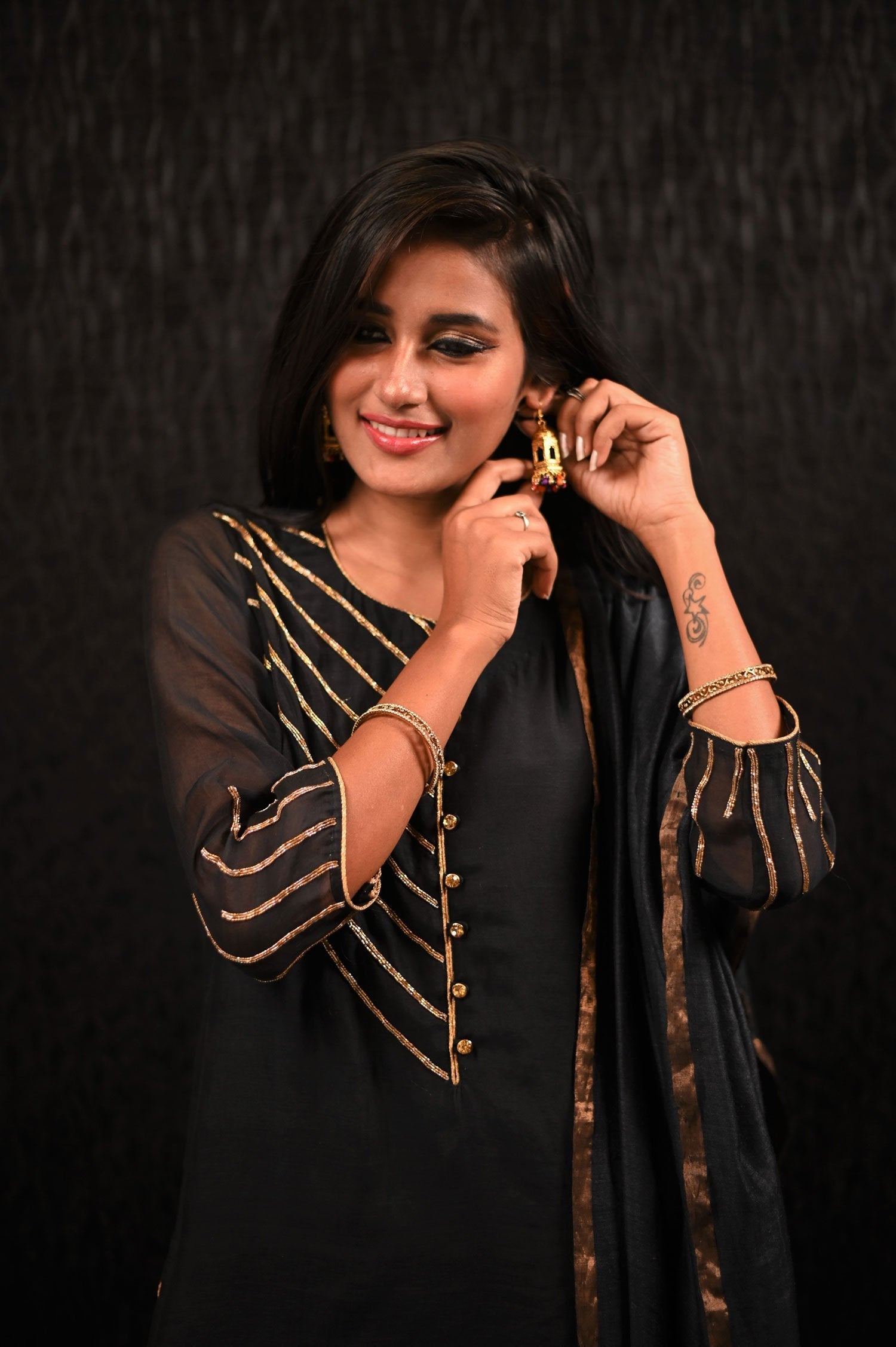 Black Color Pure Chanderi Silk Suit Set Embroidery - Sand Castle - Naksheband