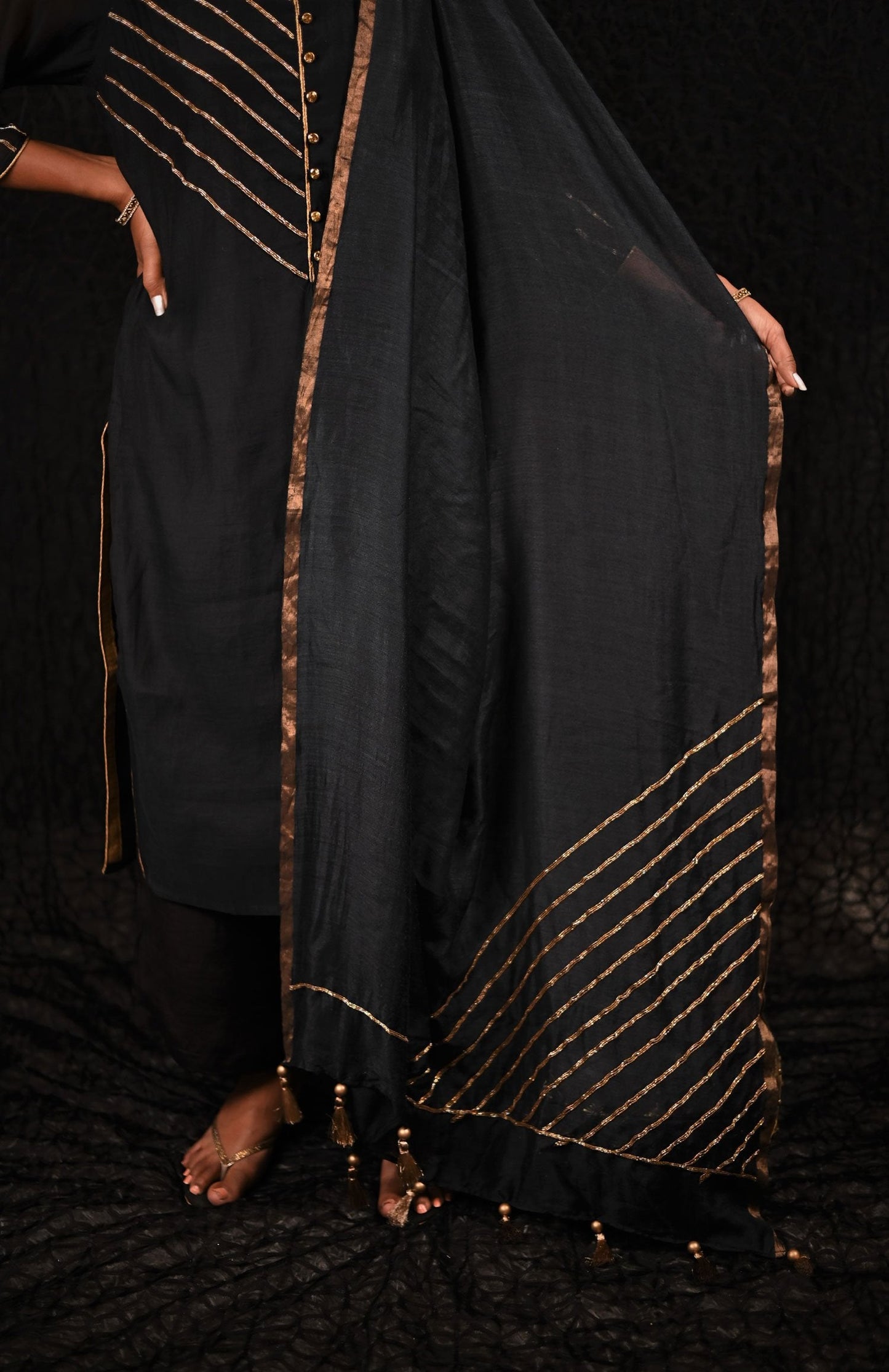 Black Color Pure Chanderi Silk Suit Set Embroidery - Sand Castle - Naksheband