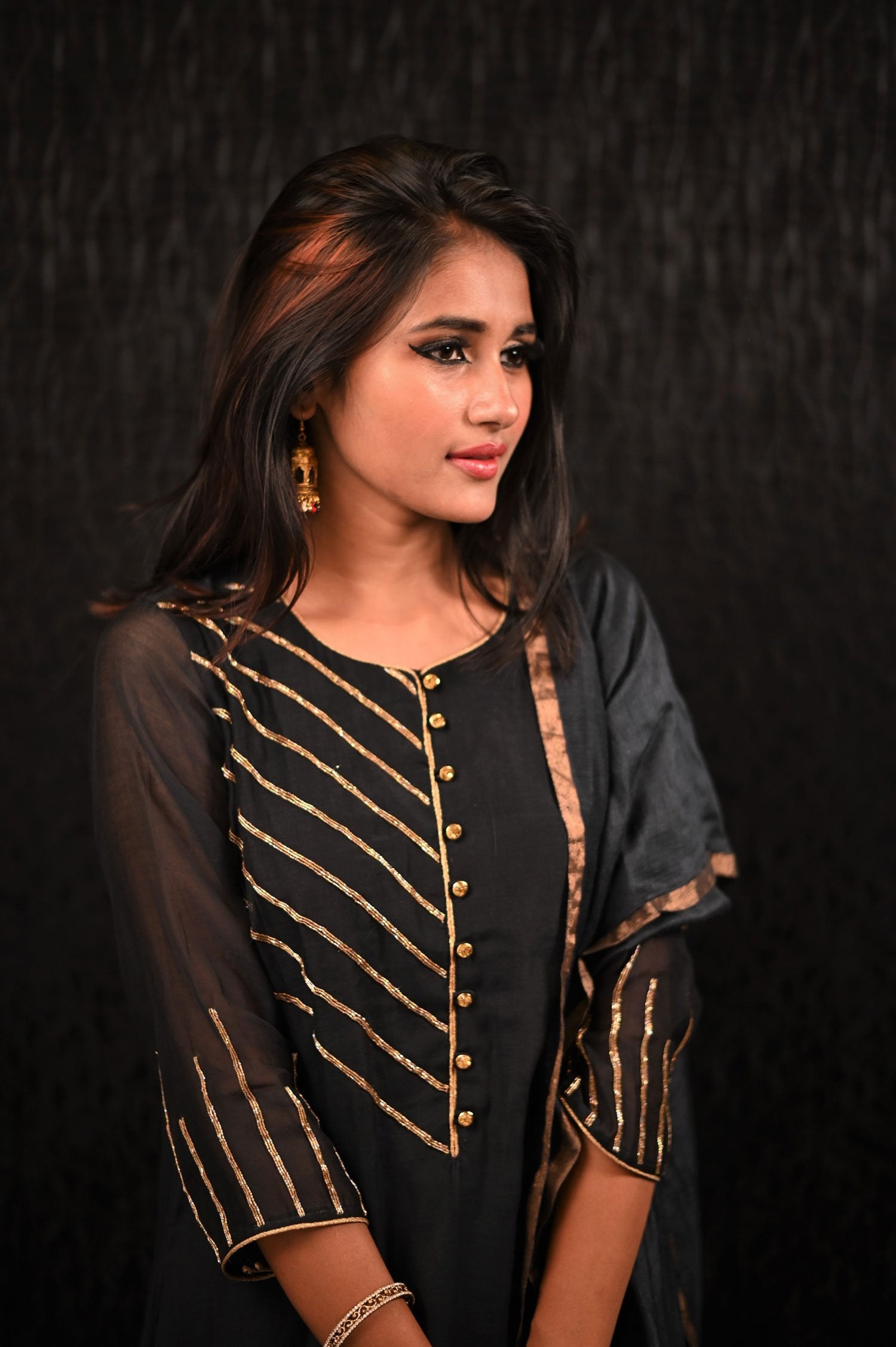 Black Color Pure Chanderi Silk Suit Set Embroidery - Sand Castle - Naksheband