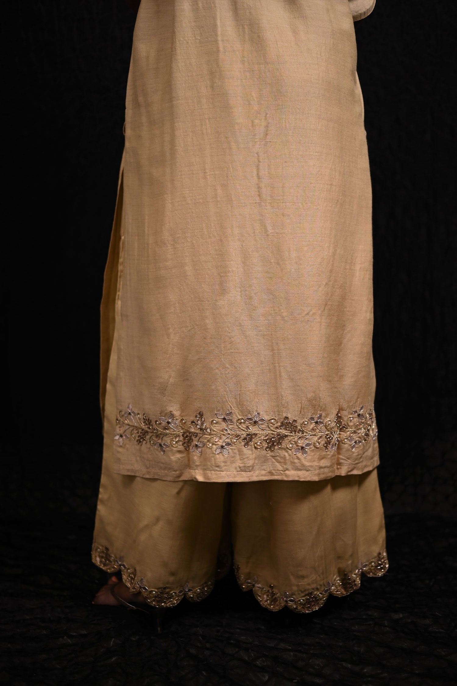 Sandy Color Pure Muga Silk Suit Set Gotta Patti Embroidery - Sand Dollar - Naksheband