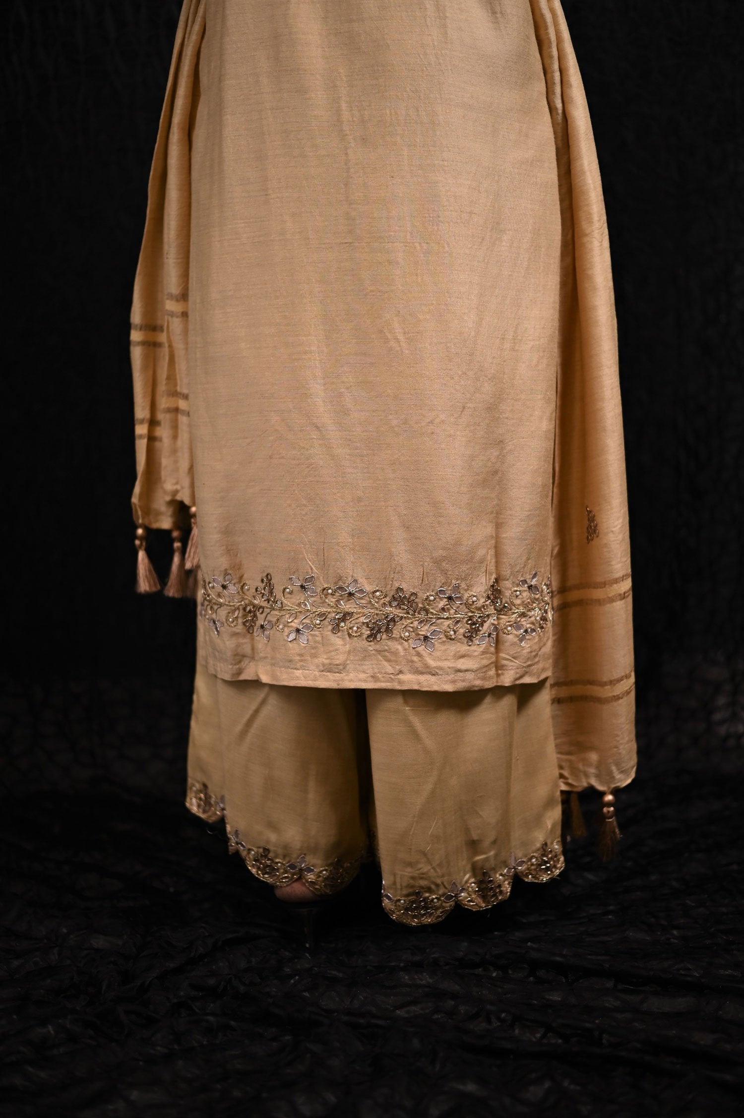 Sandy Color Pure Muga Silk Suit Set Gotta Patti Embroidery - Sand Dollar - Naksheband