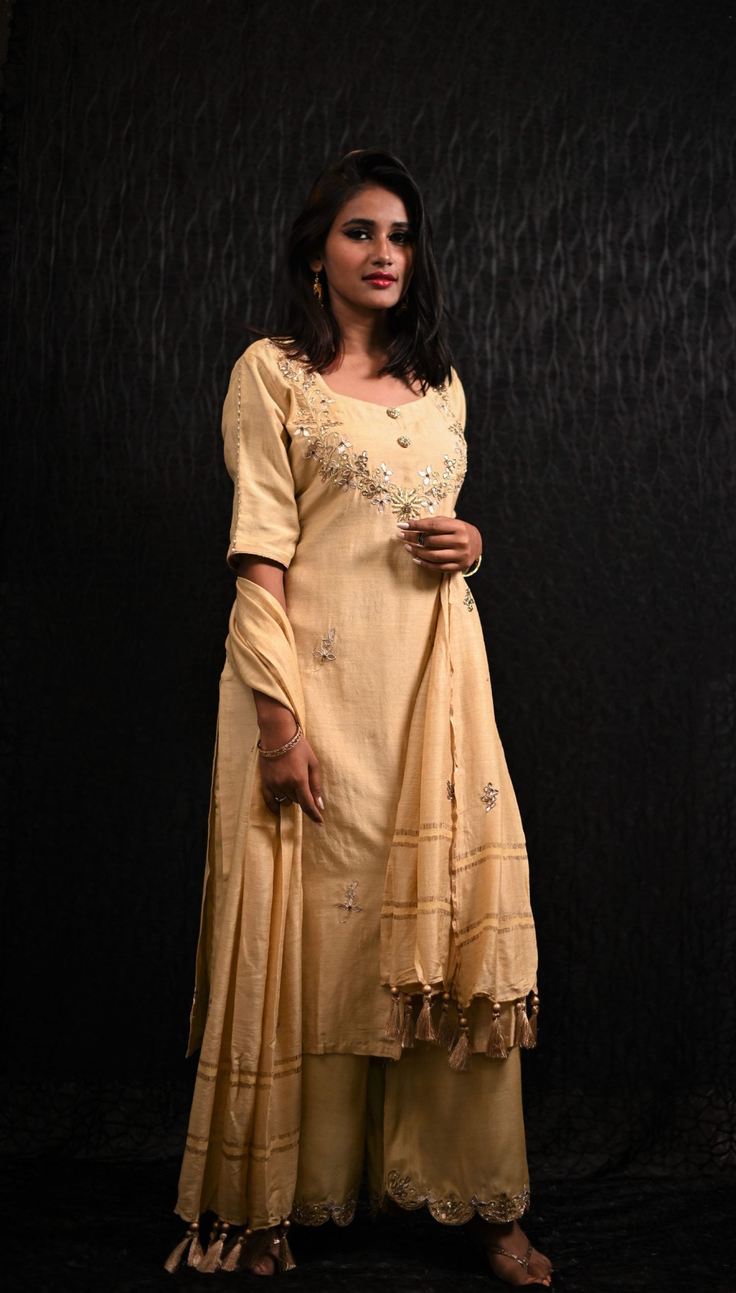 Sandy Color Pure Muga Silk Suit Set Gotta Patti Embroidery - Sand Dollar - Naksheband
