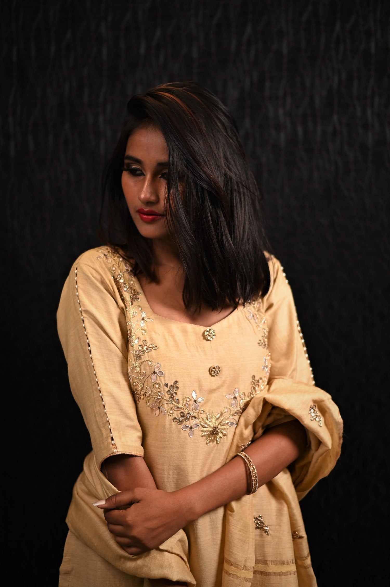 Sandy Color Pure Muga Silk Suit Set Gotta Patti Embroidery - Sand Dollar - Naksheband
