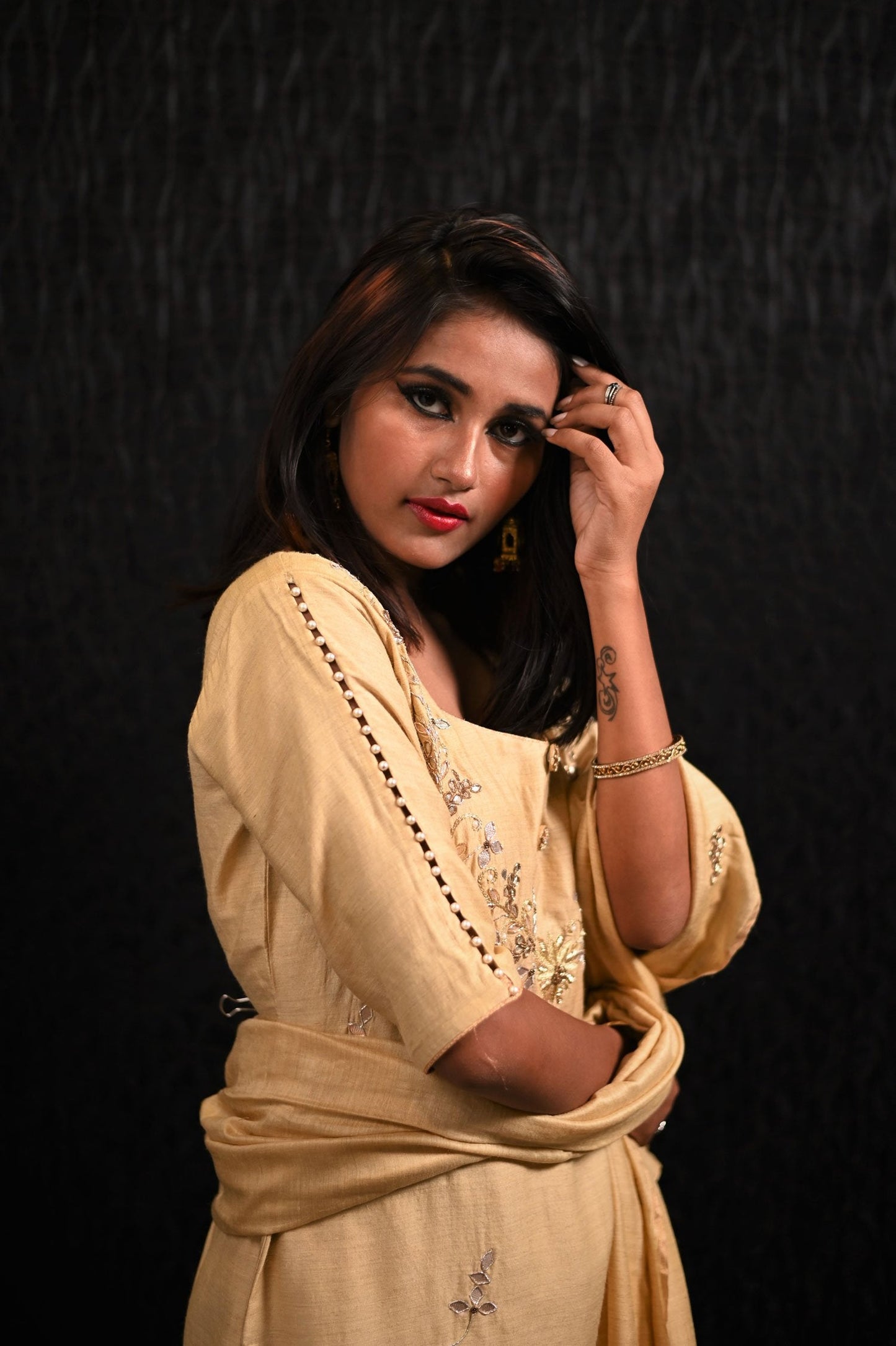 Pure Moonga Silk Suit Set Gotta Patti Embroidery - Sand Dollar - Naksheband