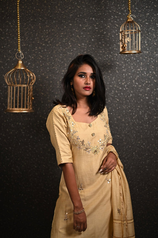 Sandy Color Pure Muga Silk Suit Set Gotta Patti Embroidery - Sand Dollar - Naksheband