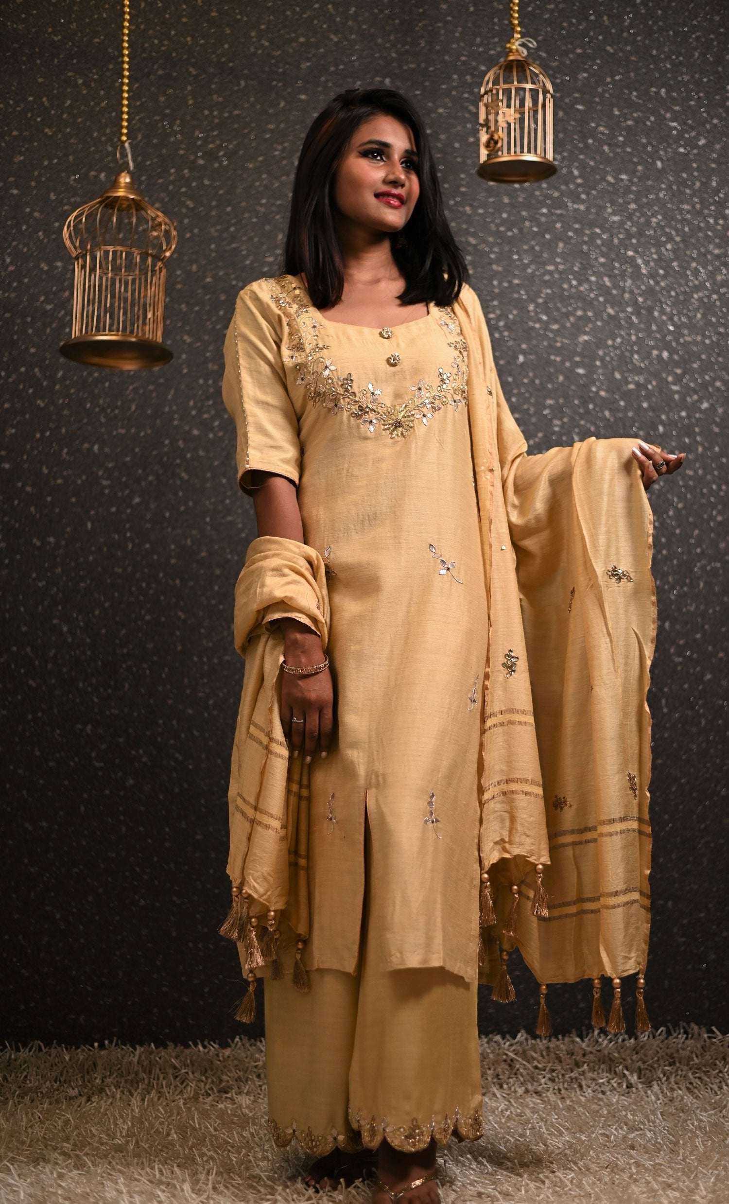 Sandy Color Pure Muga Silk Suit Set Gotta Patti Embroidery - Sand Dollar - Naksheband