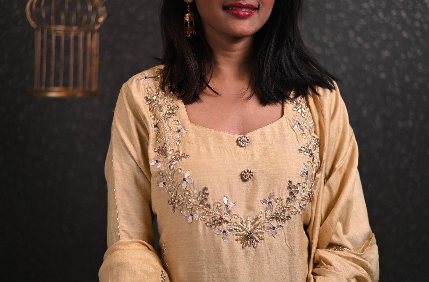 Pure Moonga Silk Suit Set Gotta Patti Embroidery - Sand Dollar - Naksheband