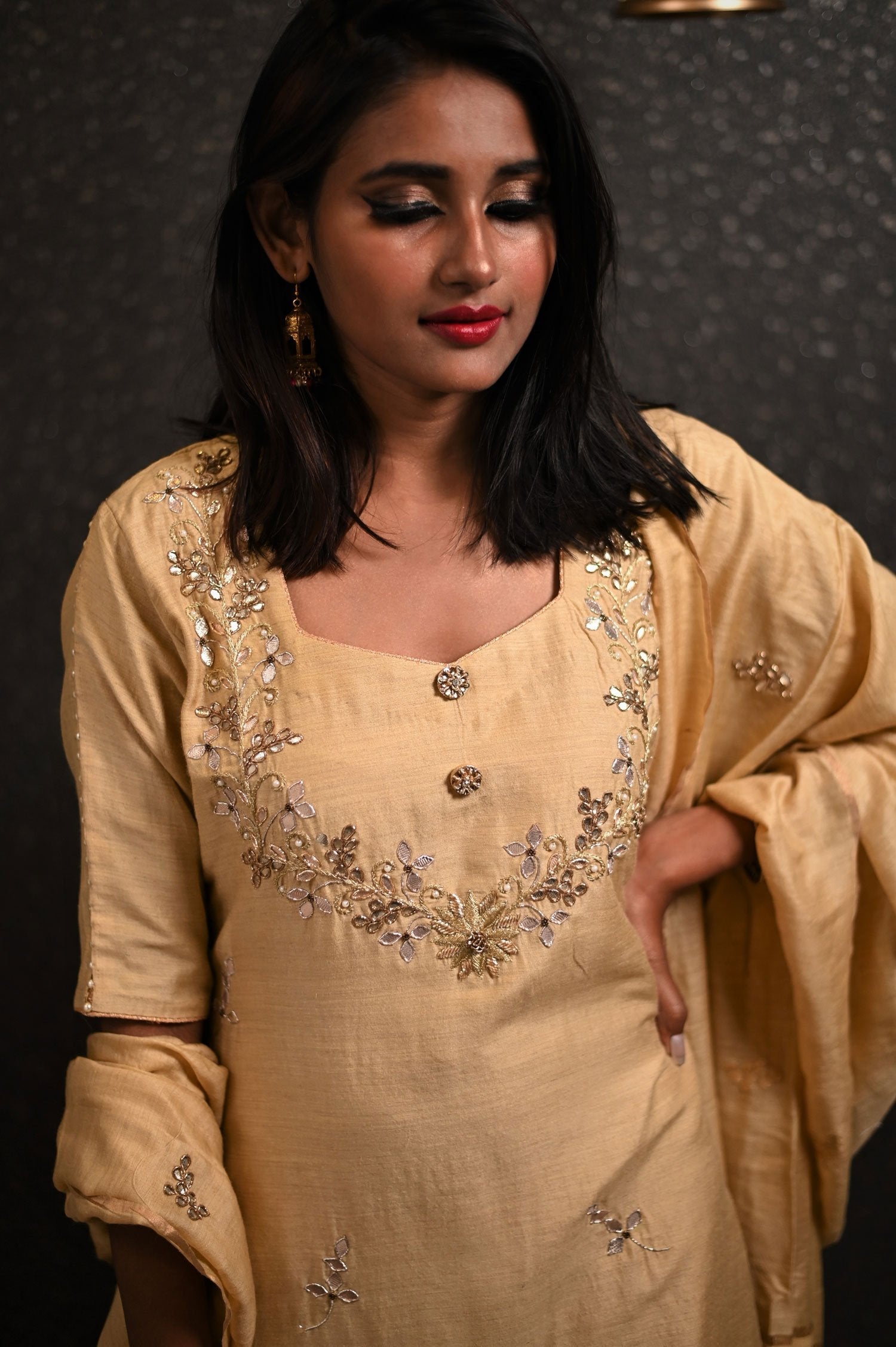 Sandy Color Pure Muga Silk Suit Set Gotta Patti Embroidery - Sand Dollar - Naksheband