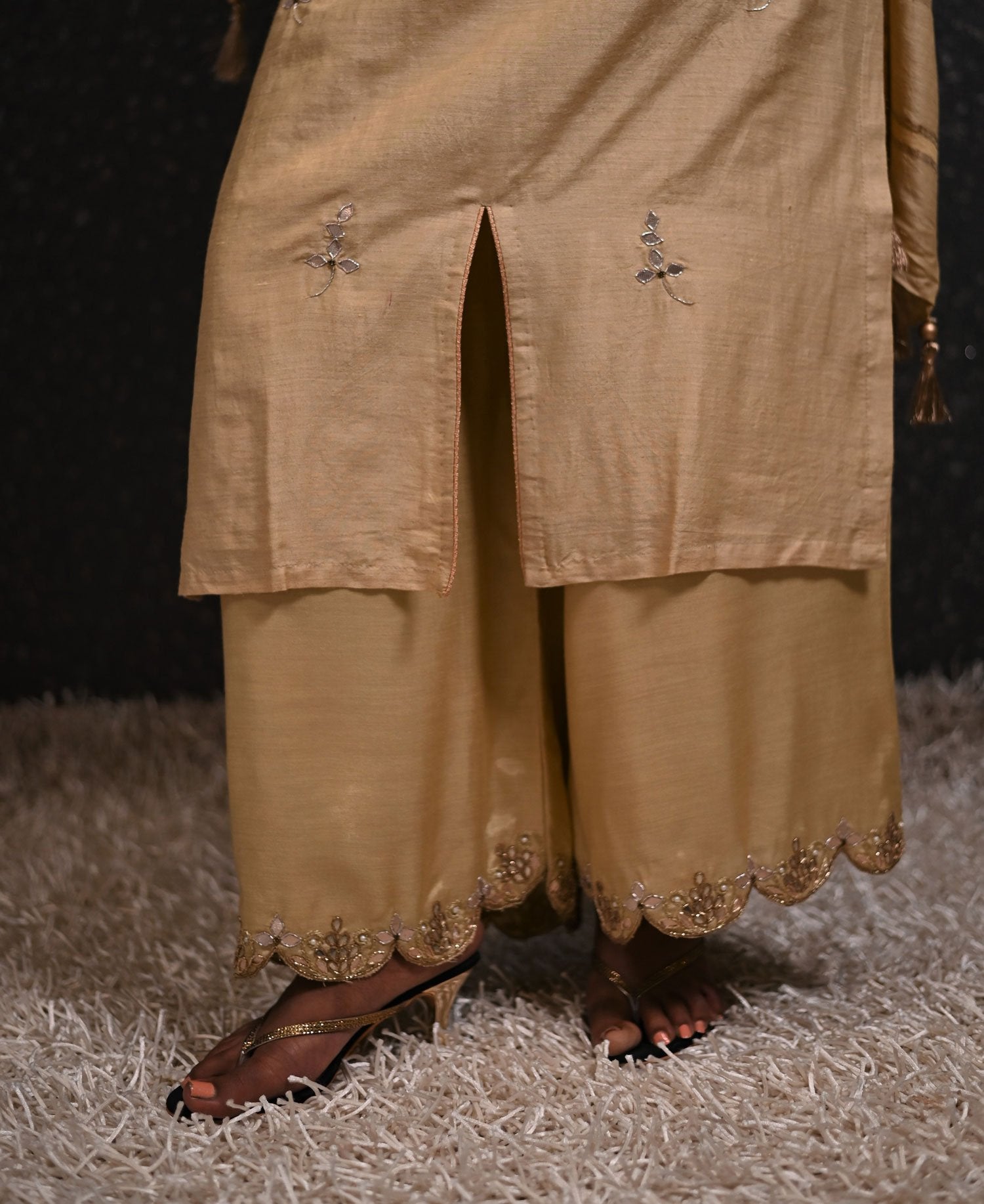 Sandy Color Pure Muga Silk Suit Set Gotta Patti Embroidery - Sand Dollar - Naksheband