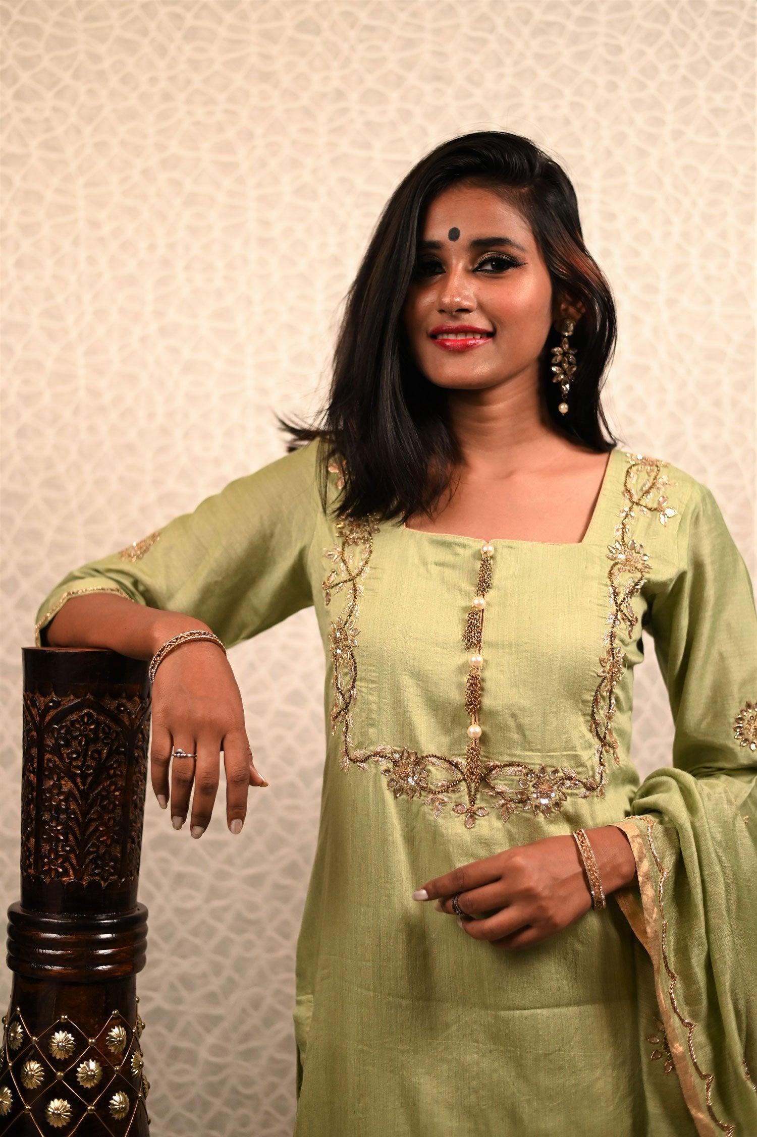 Lucketts Green Color Pure Muga Silk Suit Set  Gotta Patti Embroidery - Cucumber Crush - Naksheband