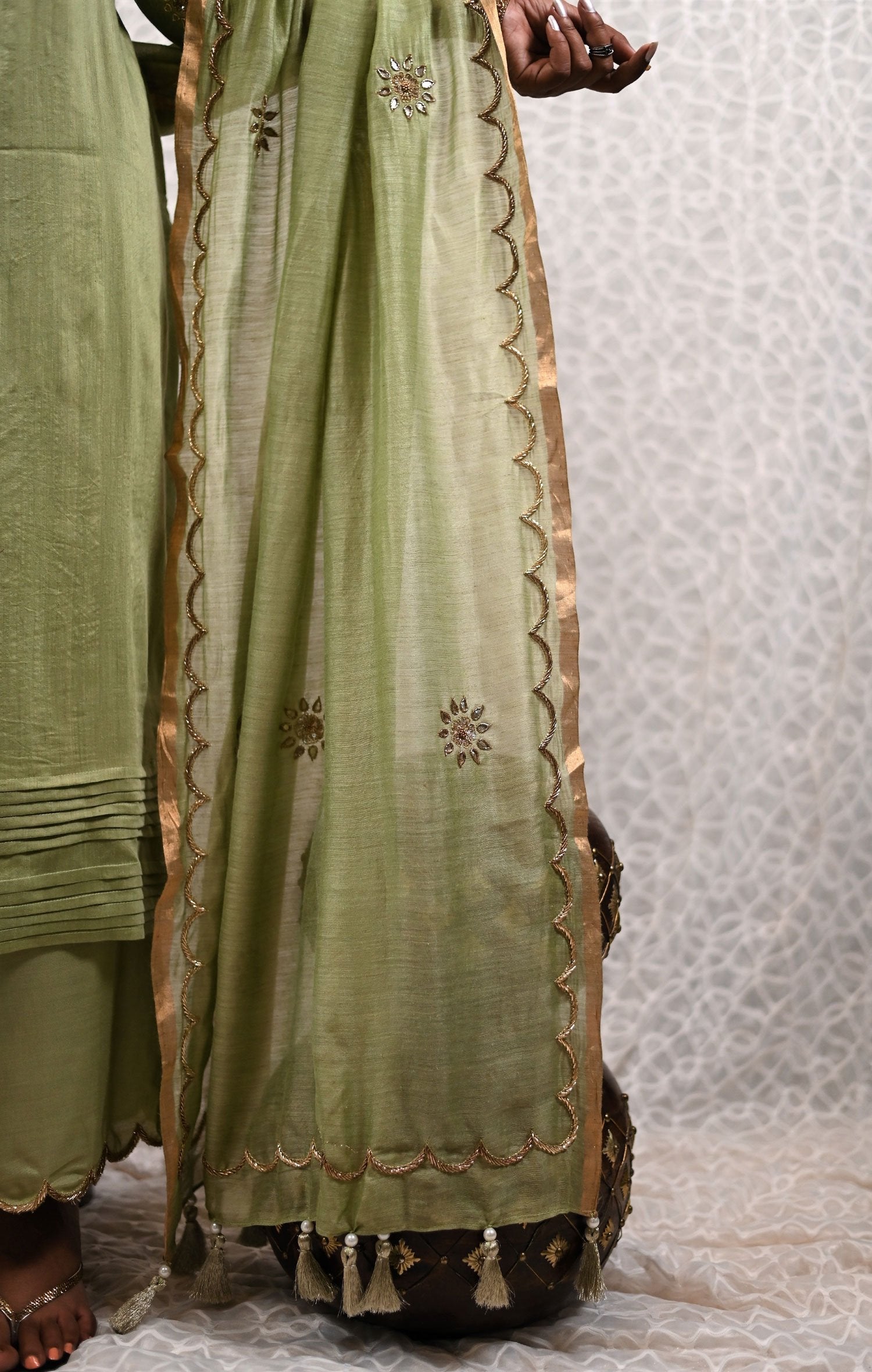 Lucketts Green Color Pure Muga Silk Suit Set  Gotta Patti Embroidery - Cucumber Crush - Naksheband