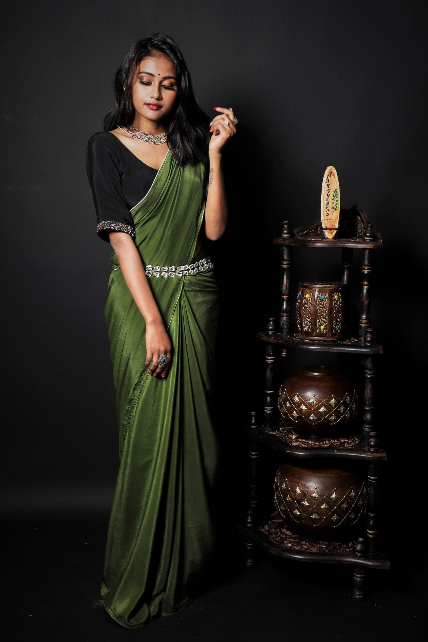 Olive Green Color Designer Saree - Burnt Olive - Naksheband