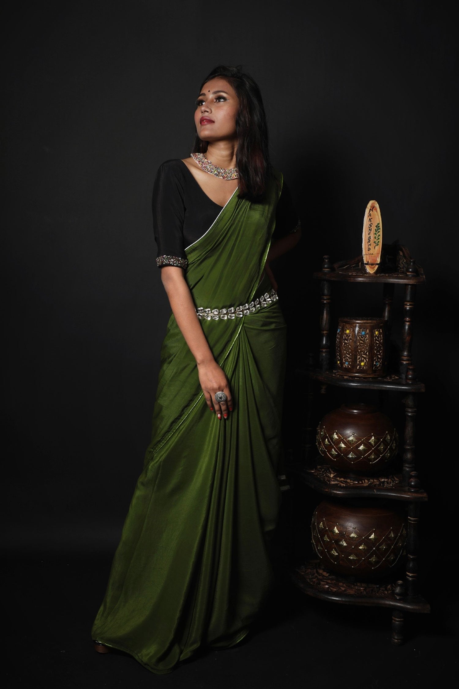 Olive Green Color Designer Saree - Burnt Olive - Naksheband