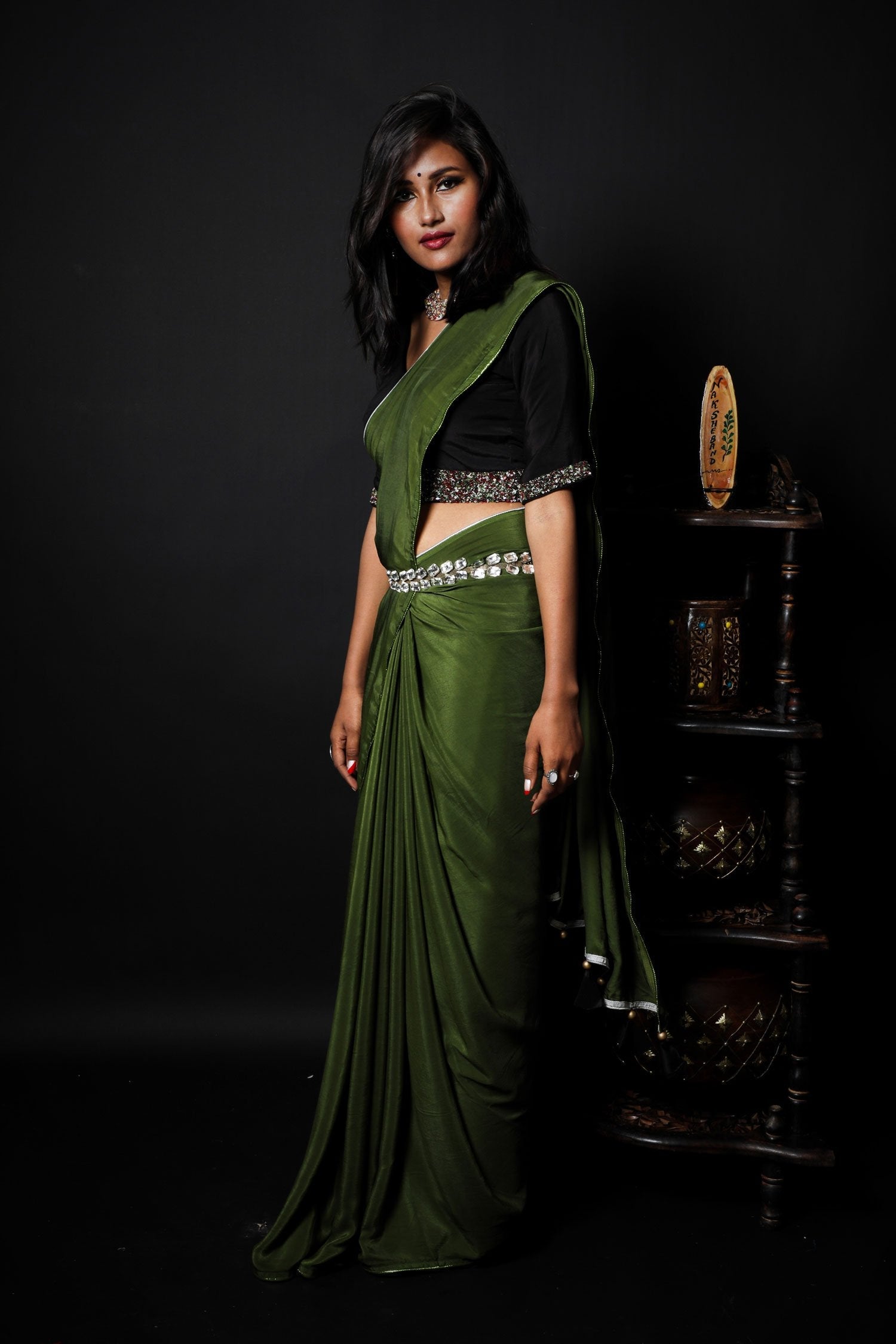 Olive Green Color Designer Saree - Burnt Olive - Naksheband
