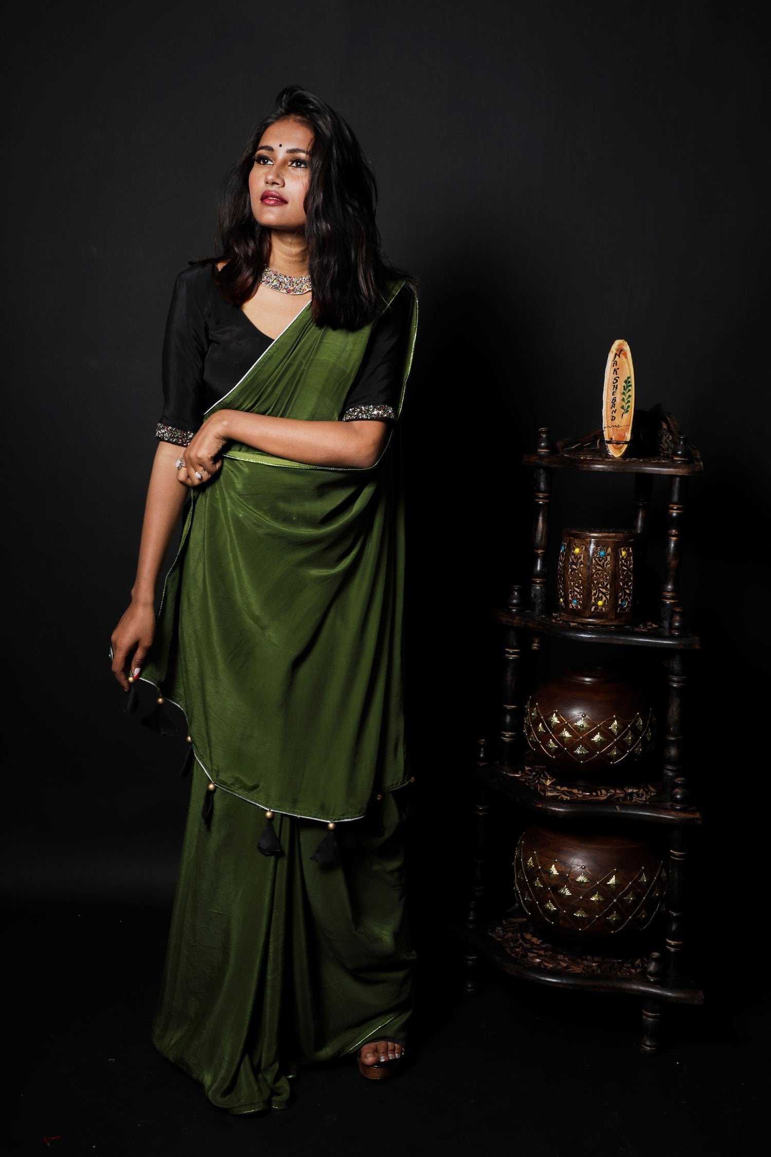 Olive Green Color Designer Saree - Burnt Olive - Naksheband