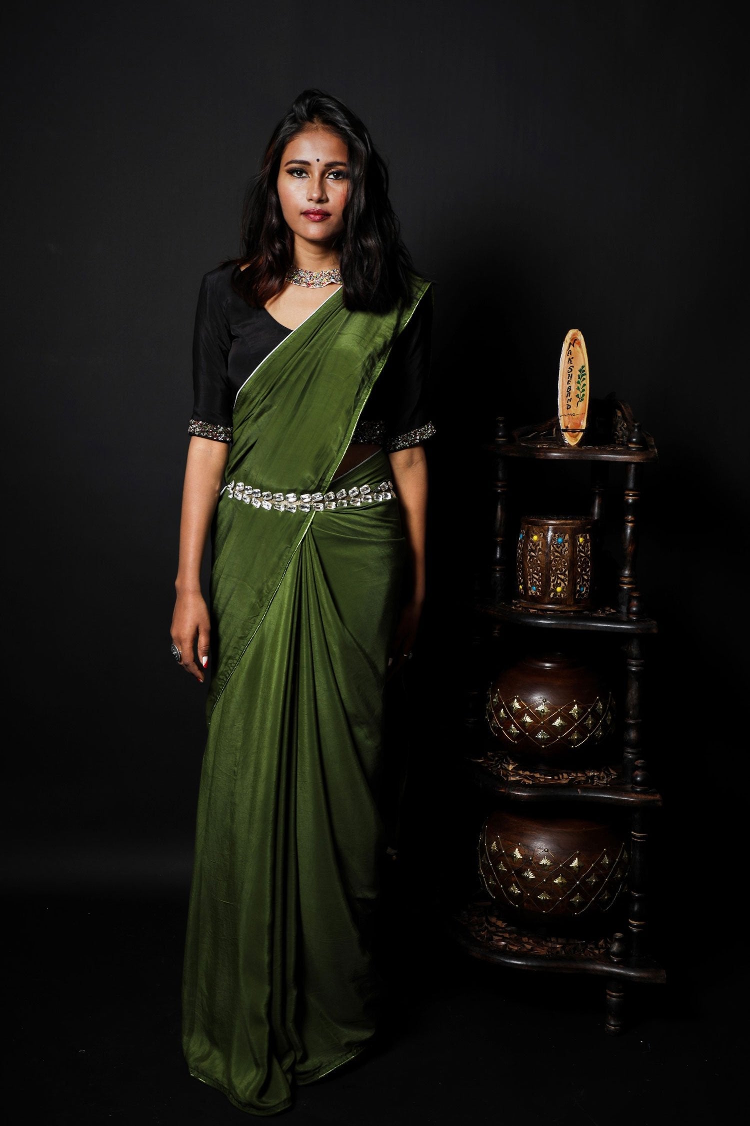 Olive Green Color Designer Saree - Burnt Olive - Naksheband