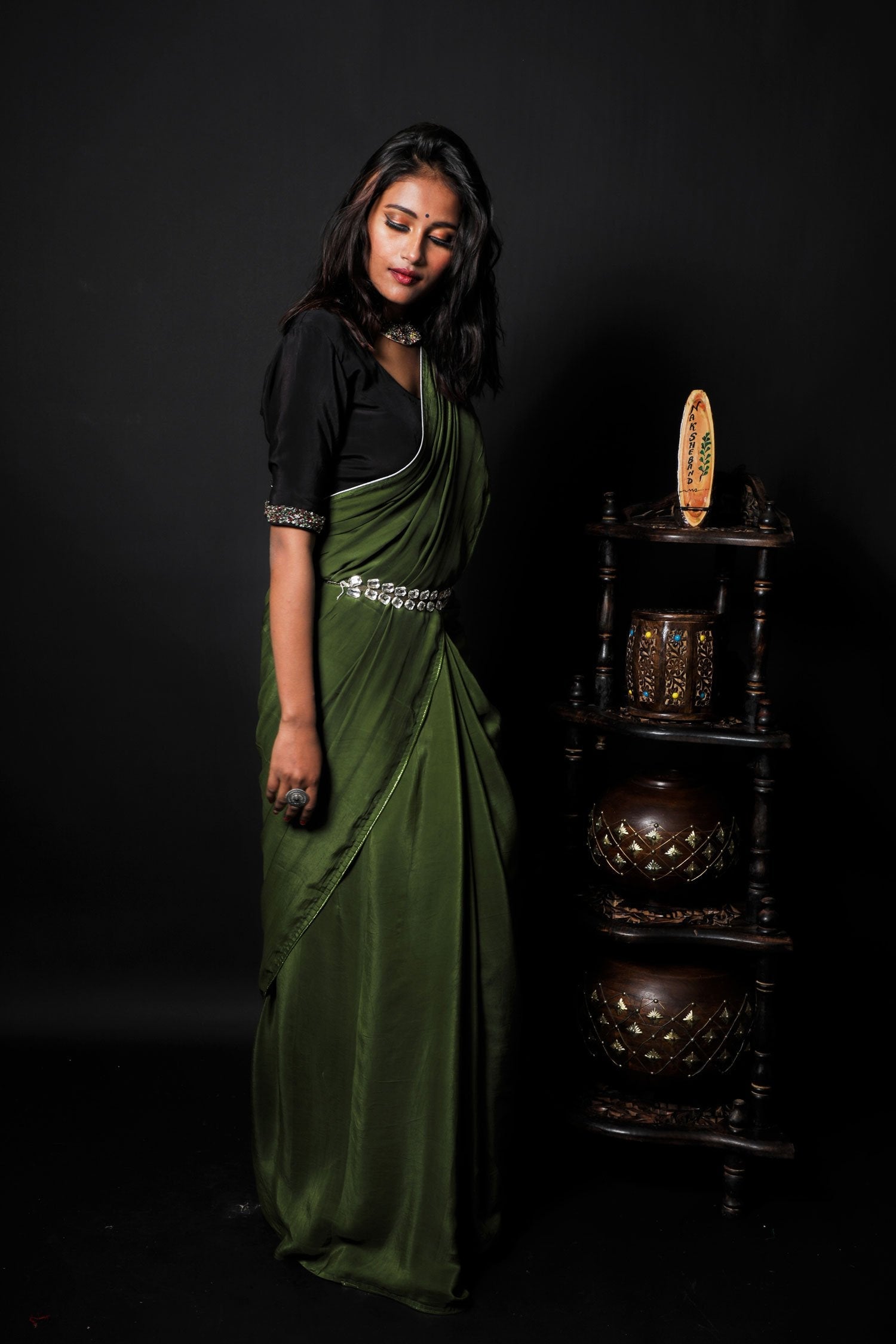 Olive Green Color Designer Saree - Burnt Olive - Naksheband